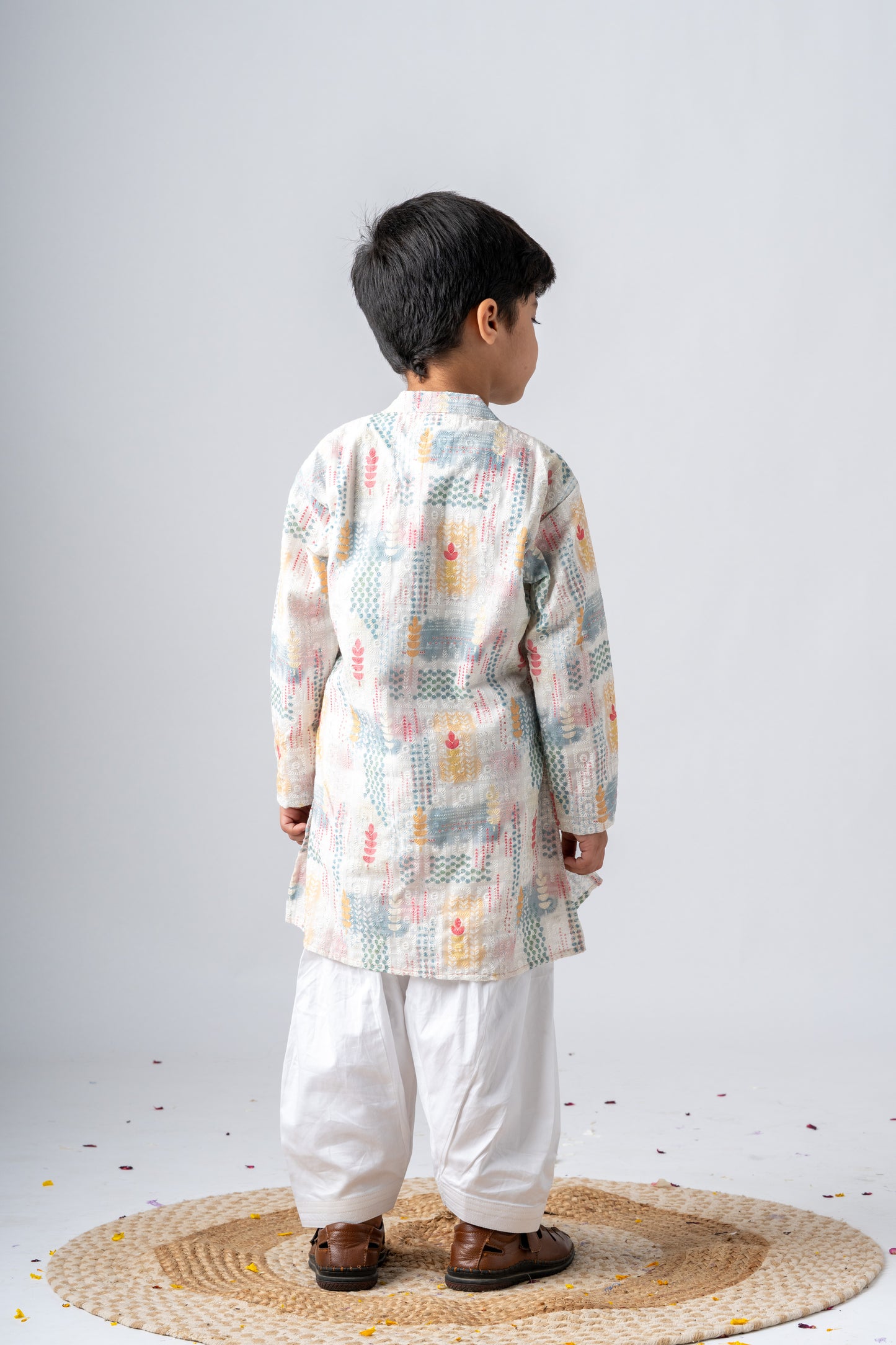 Boys Sangeet Printed Schiffli Kurta with Salwar ethnic clothing set - Off white