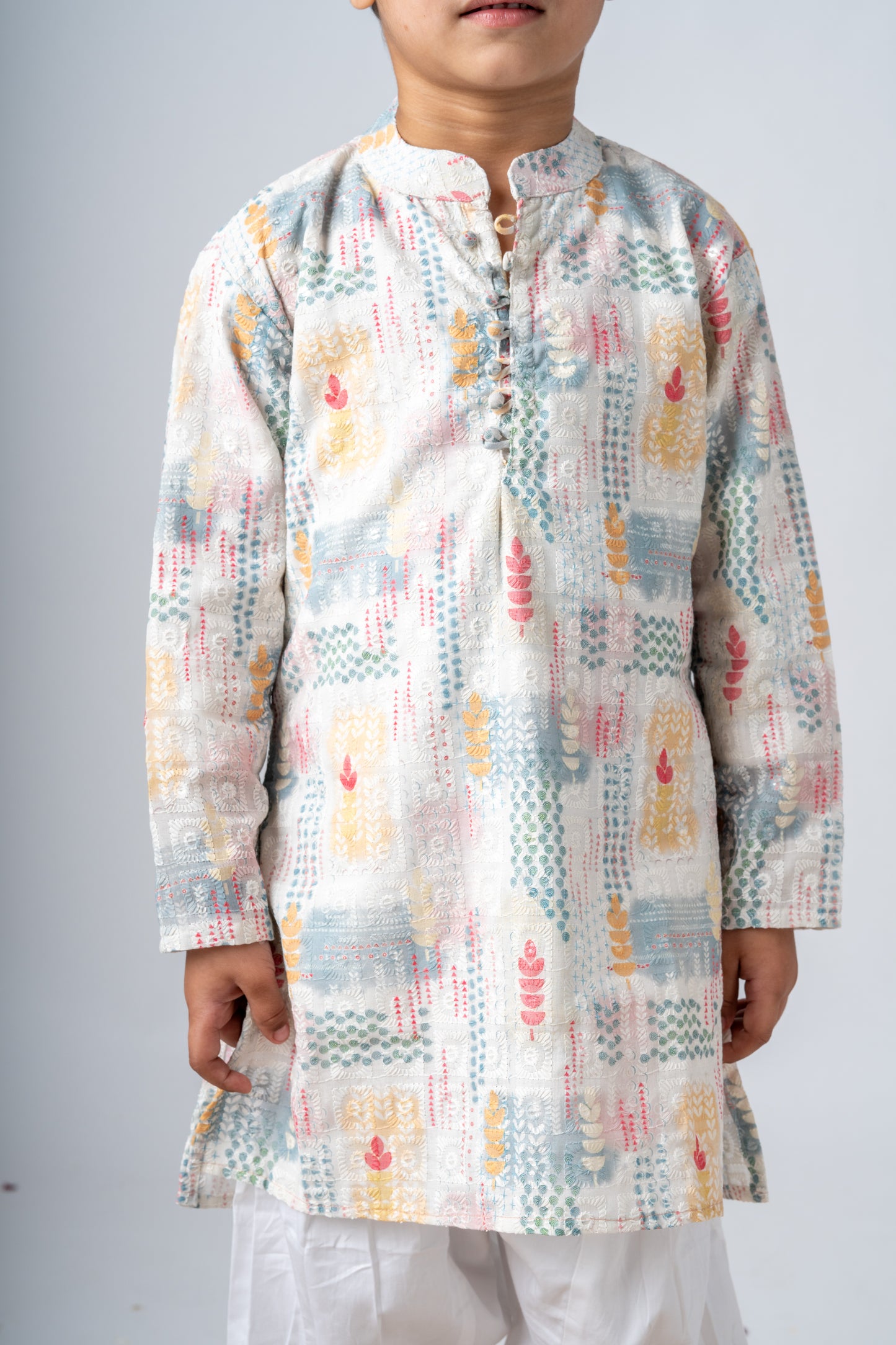 Boys Sangeet Printed Schiffli Kurta with Salwar ethnic clothing set - Off white