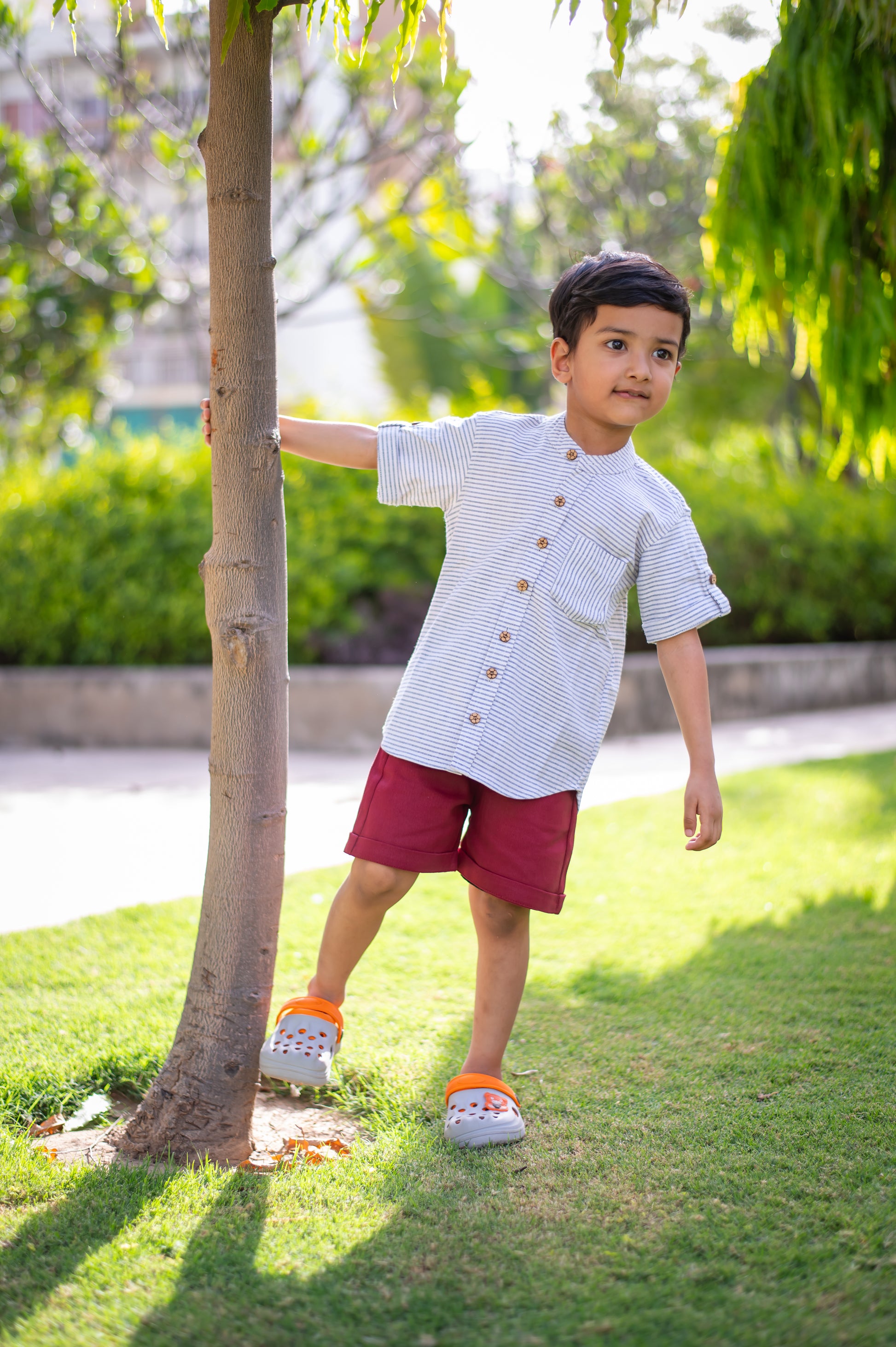 Boys Pure Cotton Clothing Set - Black Striped Half Sleeve Shirt & Maroon Shorts - Peekaaboo Kids - Above 1000, Boys, Clothing Set, Featured