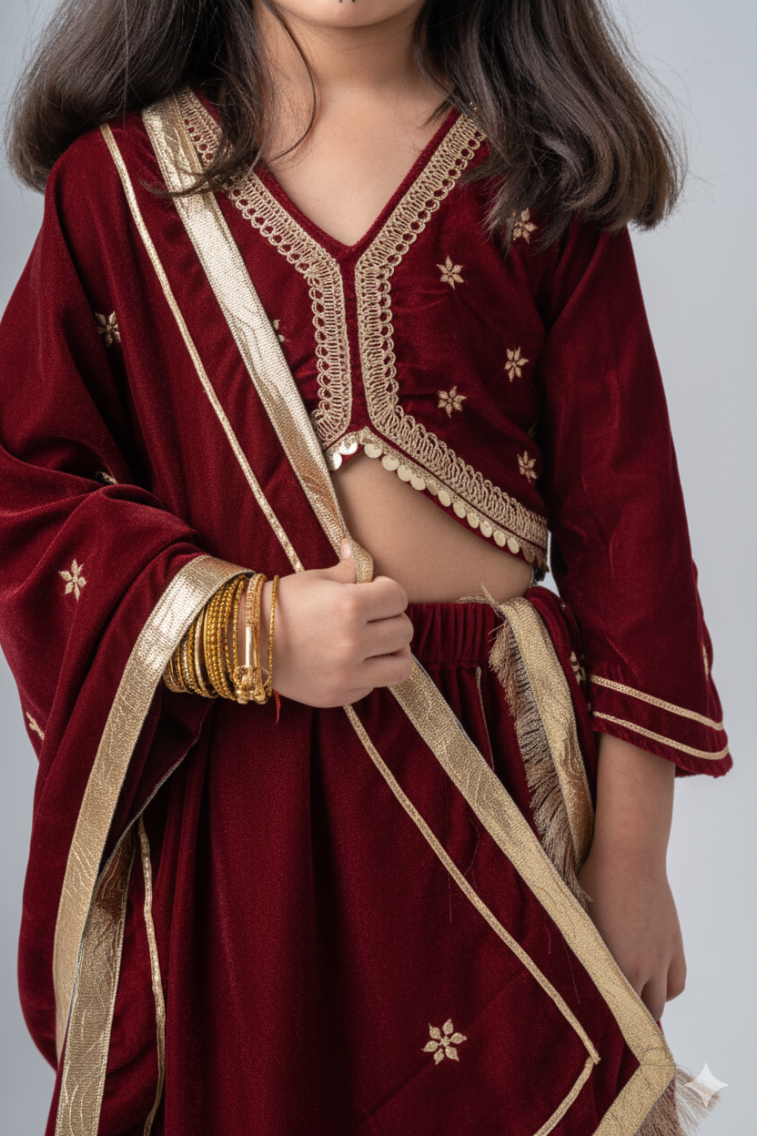 Girls Maharani Velvet embroidered lehenga choli with dupatta ethnic Clothing set - Maroon