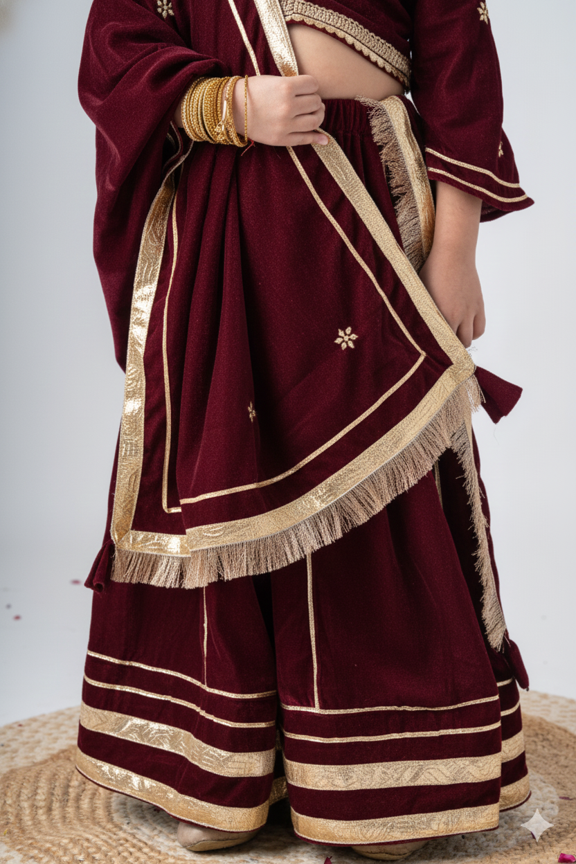 Girls Maharani Velvet embroidered lehenga choli with dupatta ethnic Clothing set - Maroon