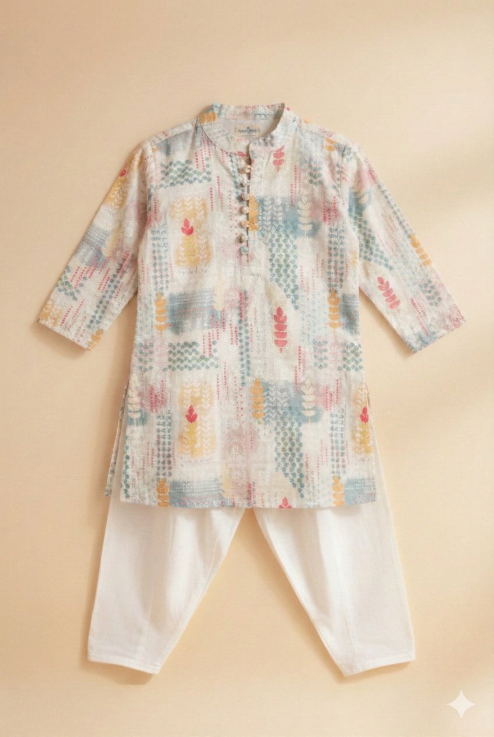 Boys Sangeet Printed Schiffli Kurta with Salwar ethnic clothing set - Off white