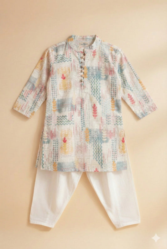 Boys Sangeet Printed Schiffli Kurta with Salwar ethnic clothing set - Off white