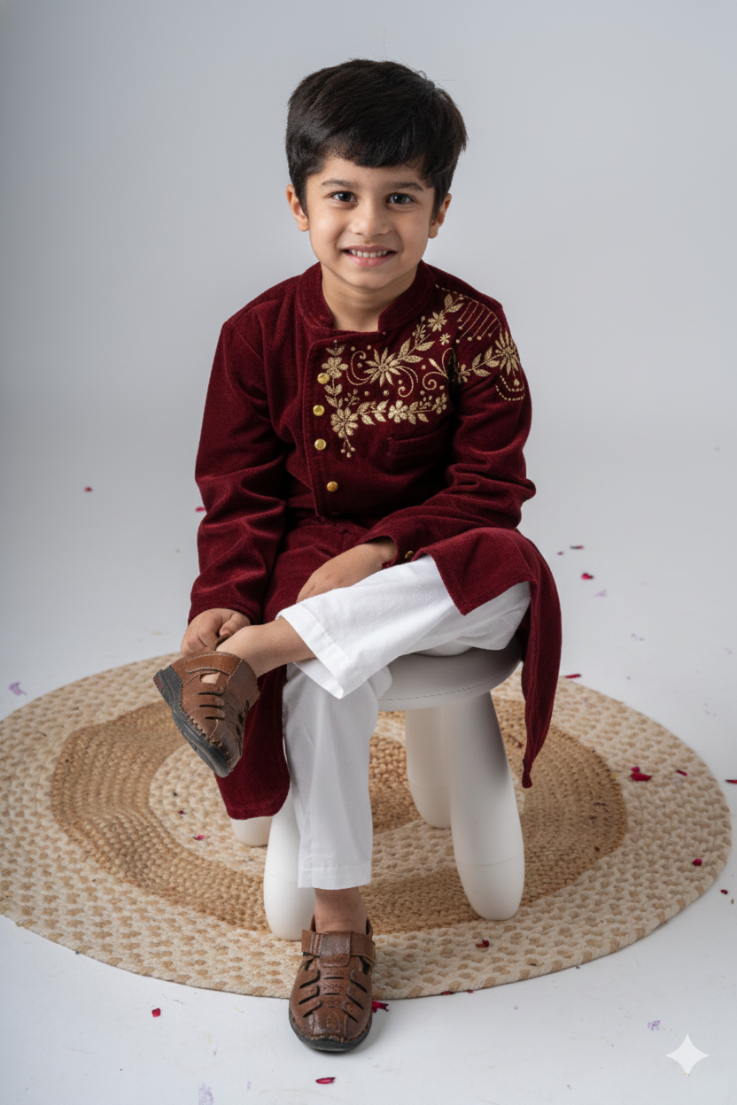 Boys Maharaja Velvet Jodhpuri embroidered Jacket with Pants - Maroon