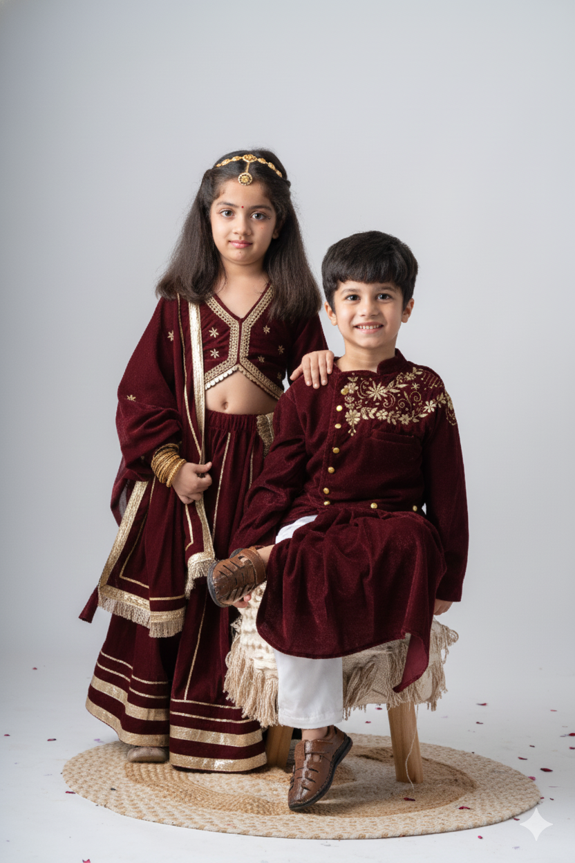 Girls Maharani Velvet embroidered lehenga choli with dupatta ethnic Clothing set - Maroon