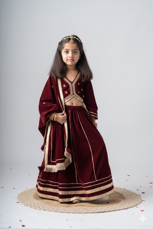 Girls Maharani Velvet embroidered lehenga choli with dupatta ethnic Clothing set - Maroon