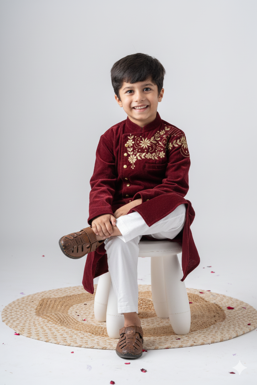 Boys Maharaja Velvet Jodhpuri embroidered Jacket with Pants - Maroon