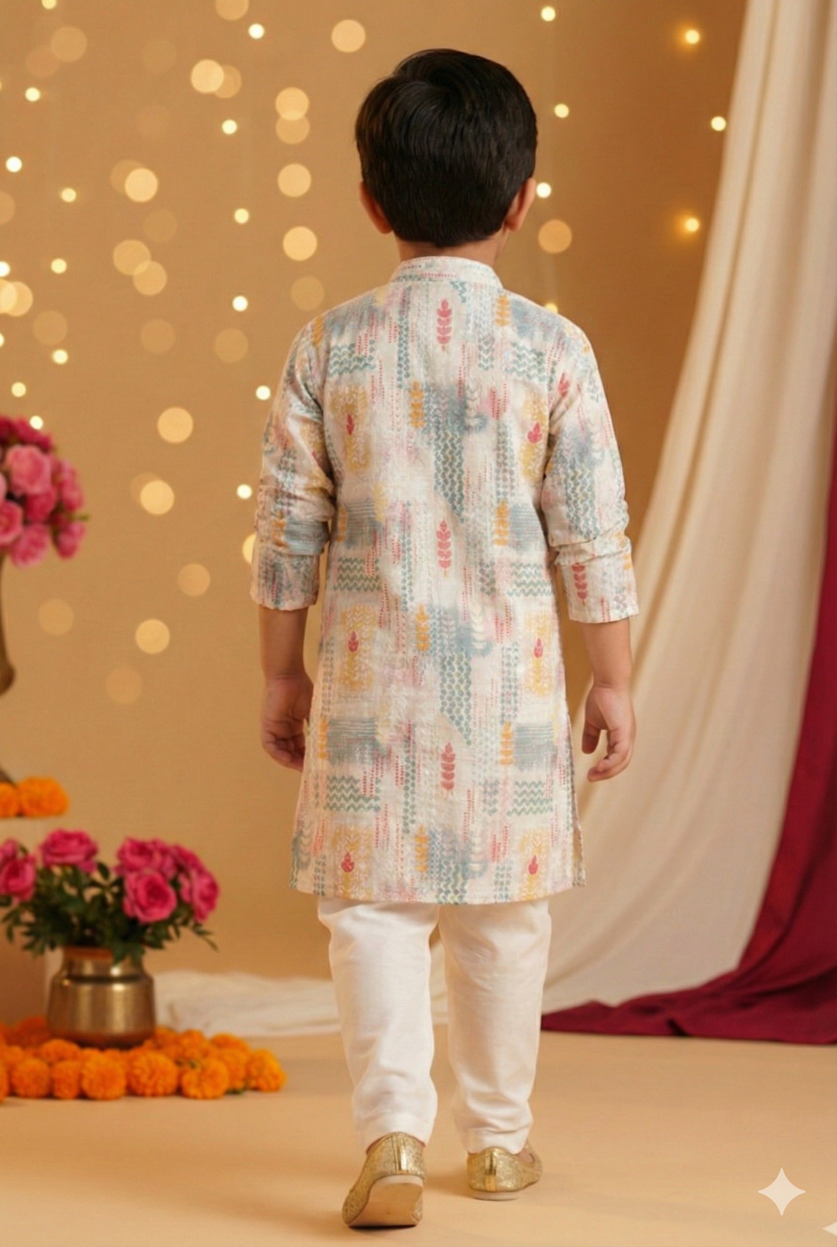 Boys Sangeet Printed Schiffli Kurta with Salwar ethnic clothing set - Off white