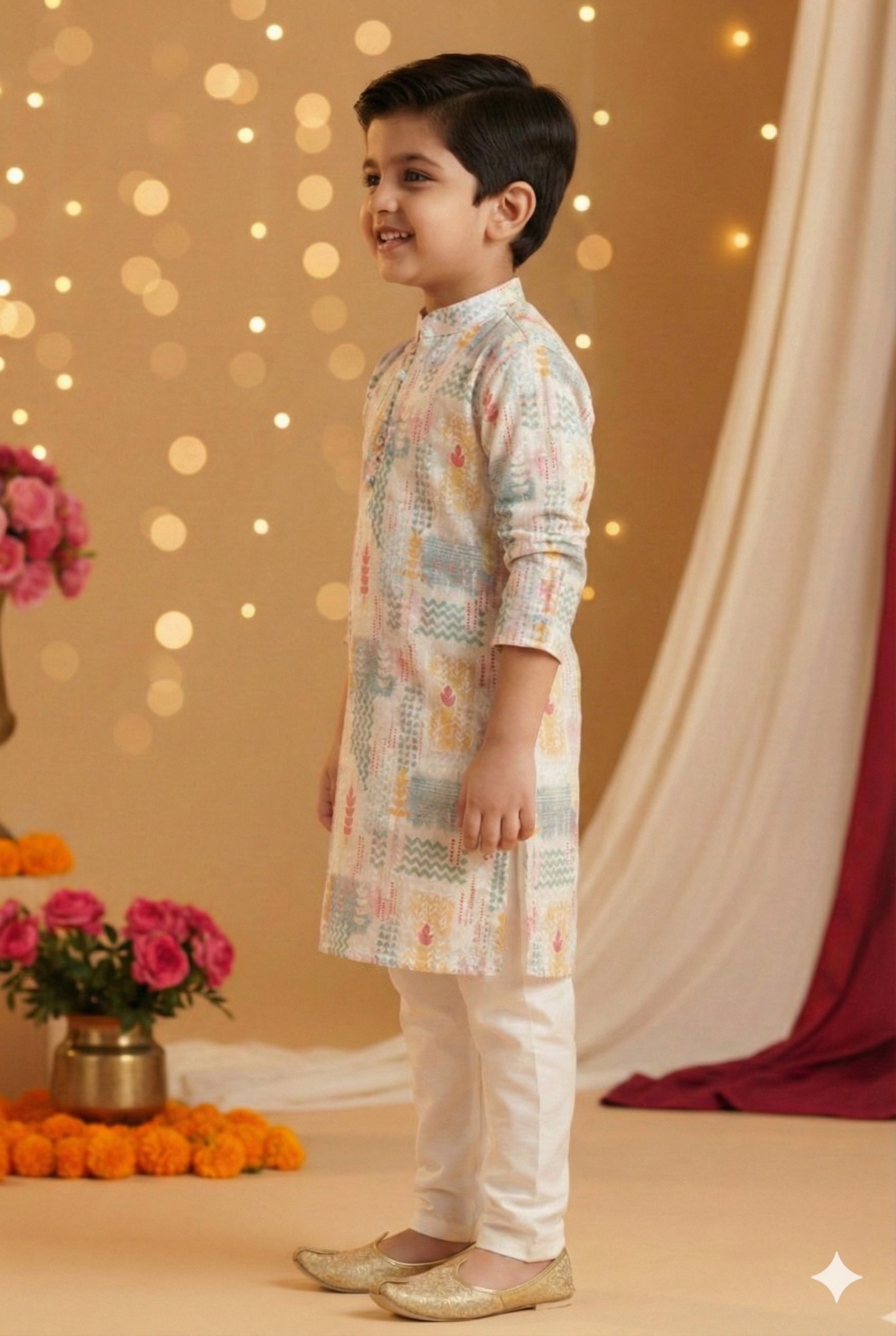 Boys Sangeet Printed Schiffli Kurta with Salwar ethnic clothing set - Off white