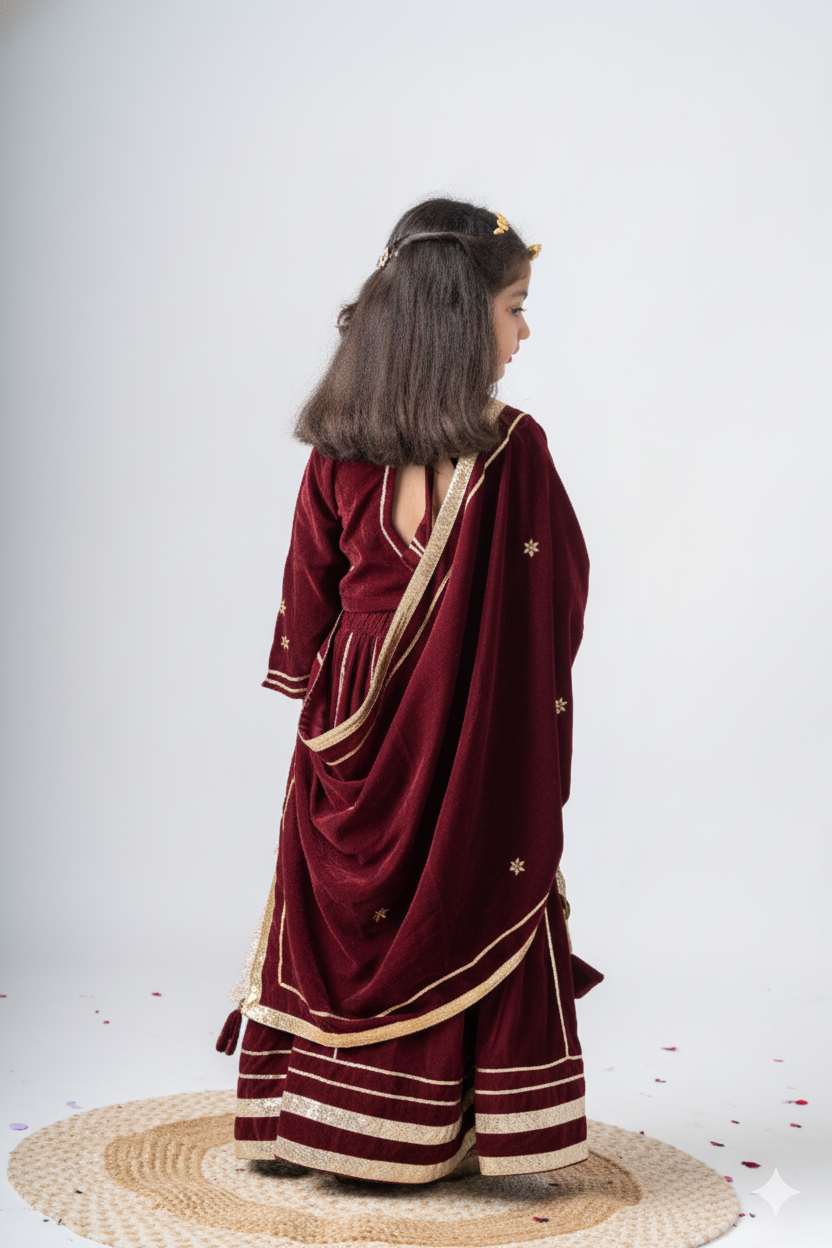 Girls Maharani Velvet embroidered lehenga choli with dupatta ethnic Clothing set - Maroon