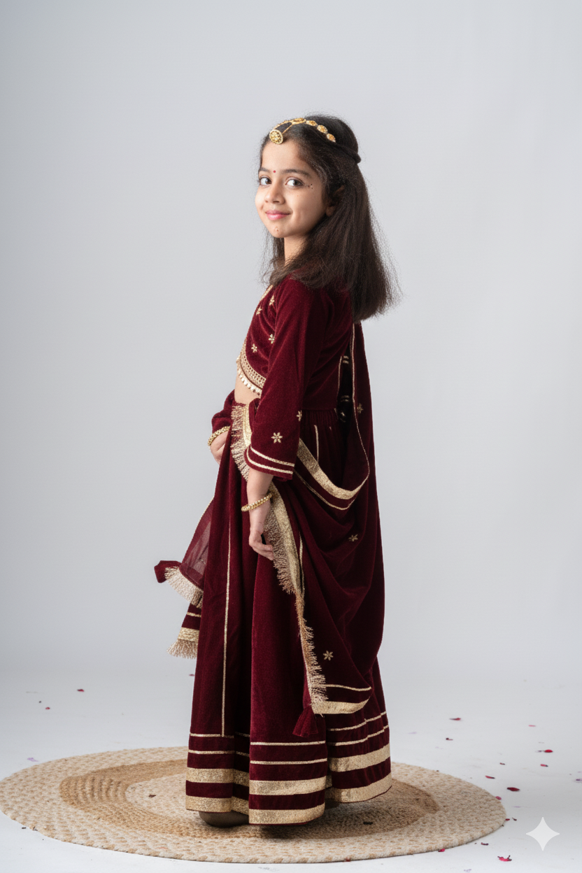 Girls Maharani Velvet embroidered lehenga choli with dupatta ethnic Clothing set - Maroon