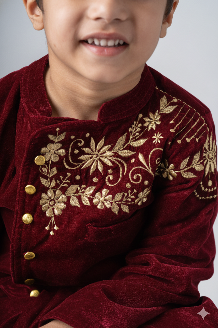 Boys Maharaja Velvet Jodhpuri embroidered Jacket with Pants - Maroon
