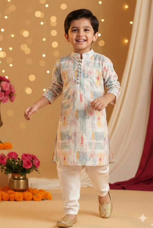 Boys Sangeet Printed Schiffli Kurta with Salwar ethnic clothing set - Off white