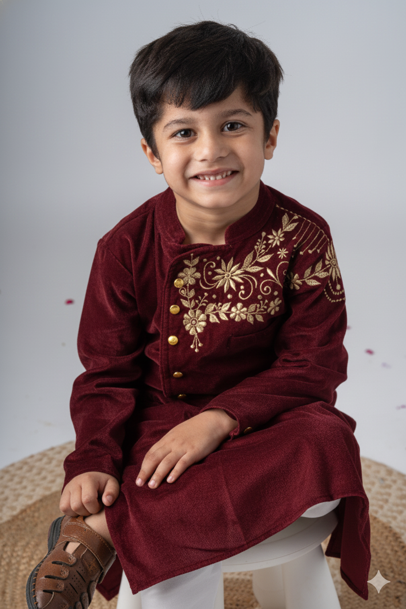 Boys Maharaja Velvet Jodhpuri embroidered Jacket with Pants - Maroon