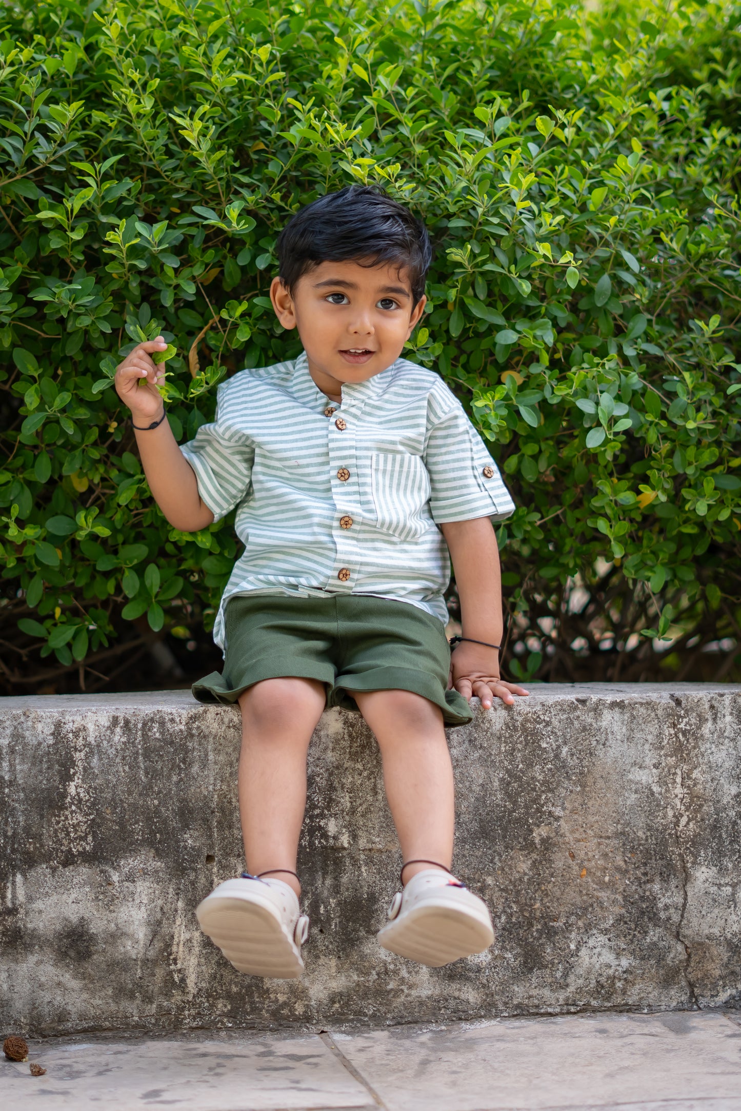 Boys Pure Cotton Clothing Set - Green Striped Half Sleeve Shirt & Olive Shorts - Peekaaboo Kids - Above 1000, Boys, Clothing Set, Featured