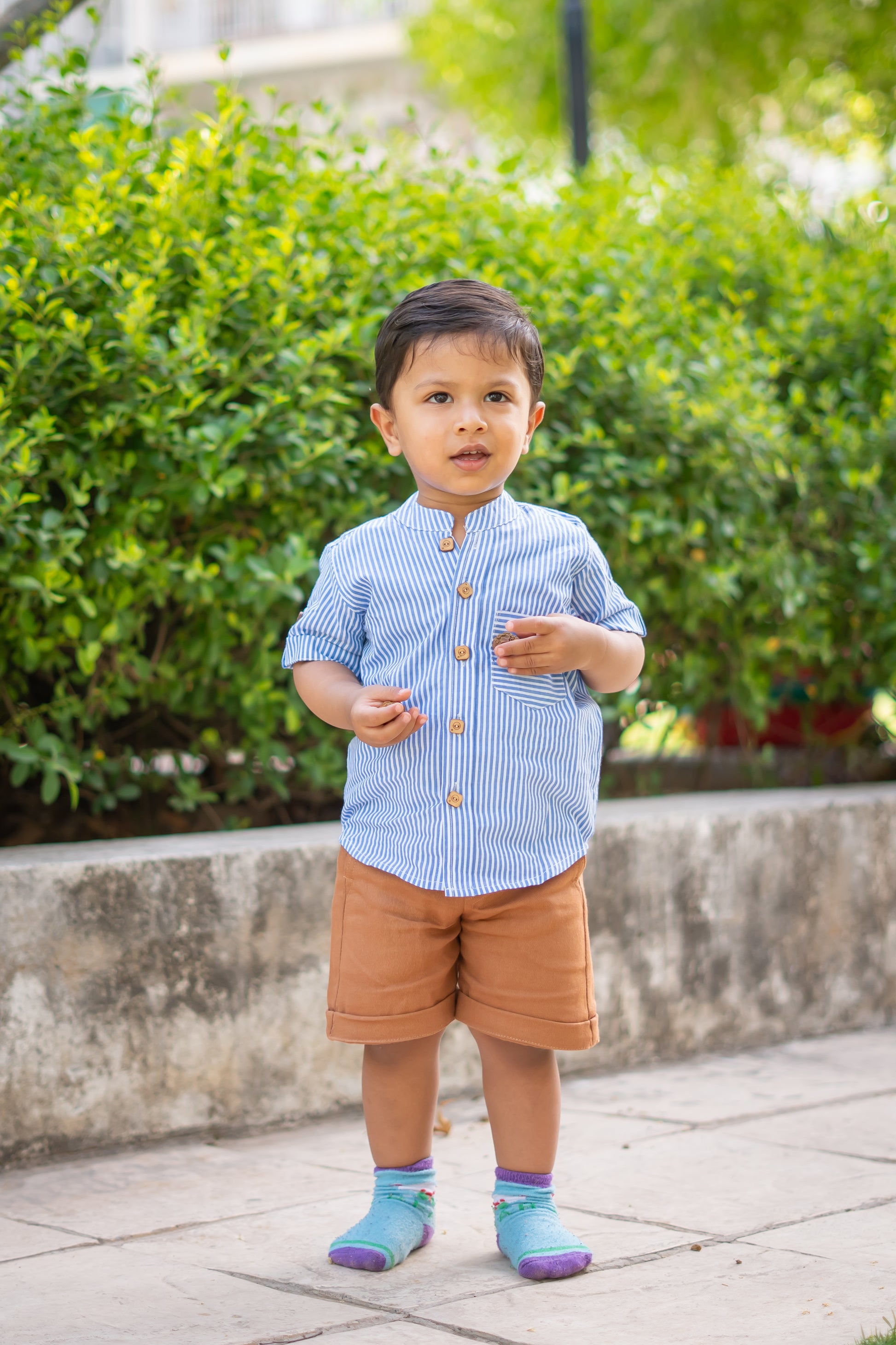 Boys Pure Cotton Clothing Set - Blue Striped Half Sleeve Shirt & Tan Shorts - Peekaaboo Kids - Above 1000, Boys, Clothing Set, Featured