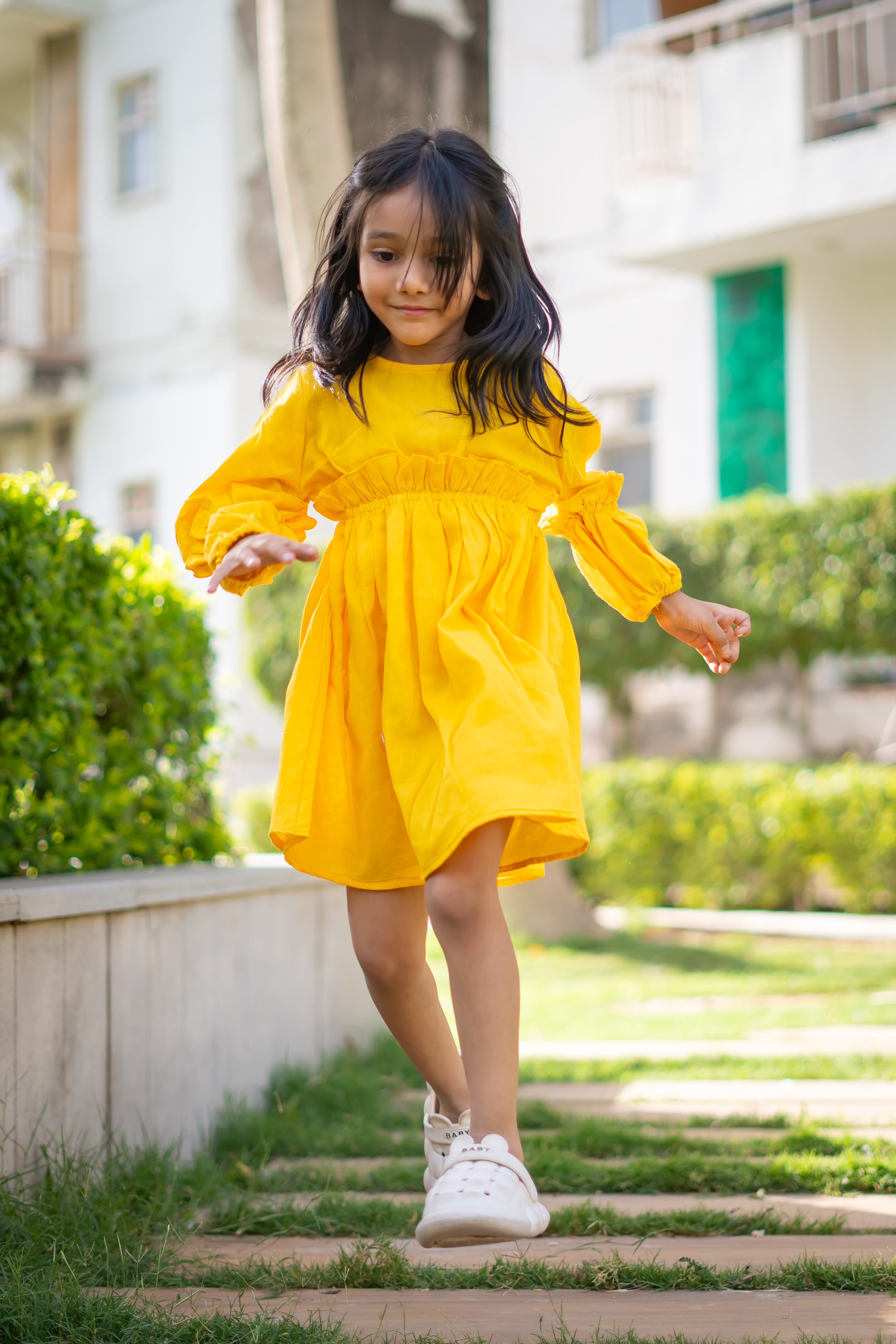 Girls Mulmul Asymmetrical Solid Sunny Yellow Dress