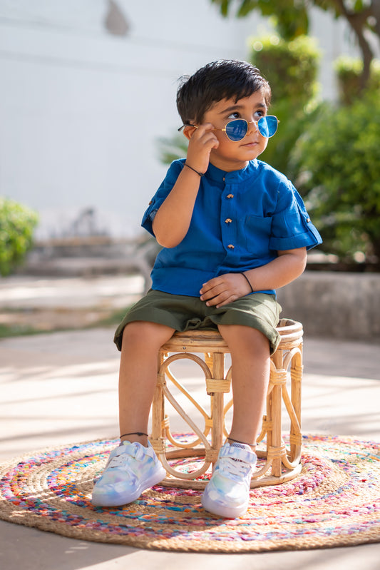 Boys Pure Cotton Clothing Set - Blue Half Sleeve Shirt & Olive Shorts - Peekaaboo Kids - Below 1000, Boys, Clothing Set, Featured