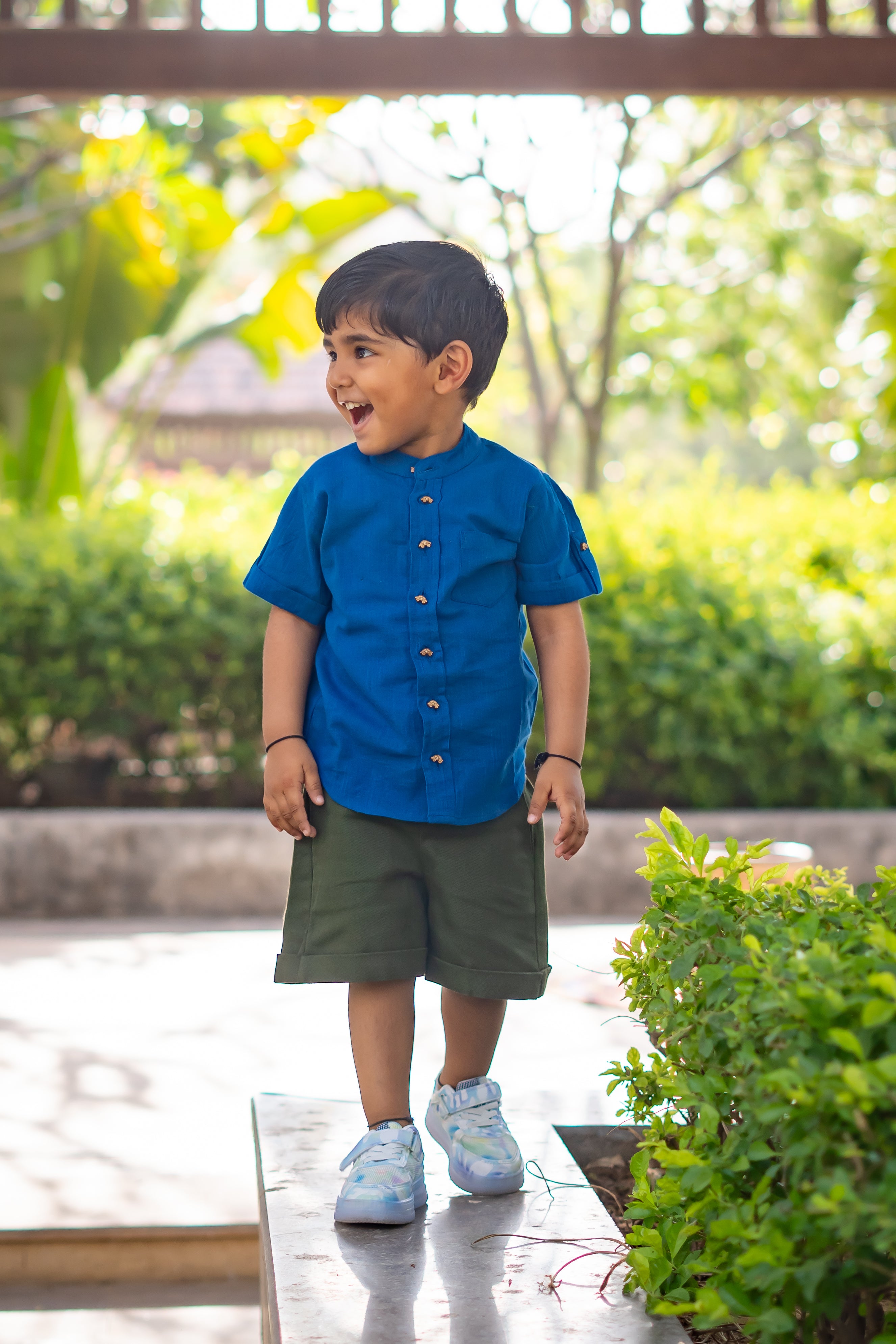 Boys Pure Cotton Clothing Set - Blue Half Sleeve Shirt & Olive Shorts - Peekaaboo Kids - Below 1000, Boys, Clothing Set, Featured