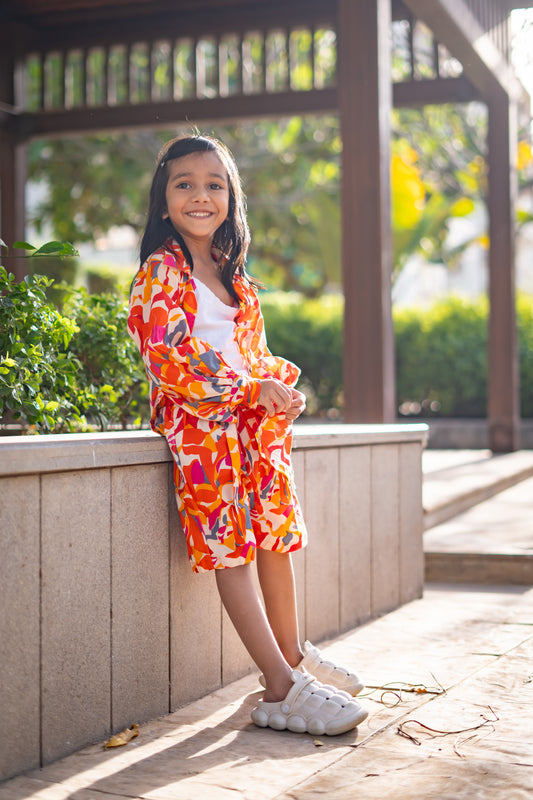 Girls Pure Cotton Printed Resort Wear - Red Orange - Peekaaboo Kids - Above 1000, Clothing Set, Coord Set, Girls, Resort Wear