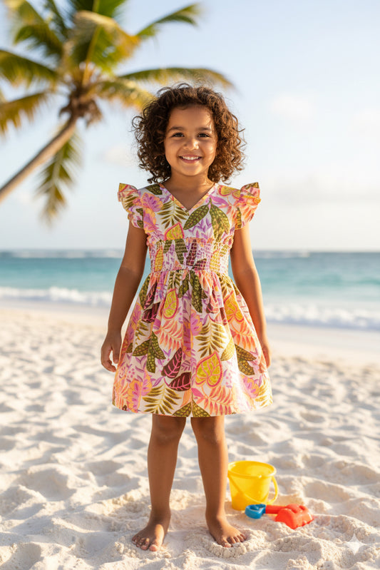 Girls Hourglass Cotton Smocked Waistline Dress - Mauve