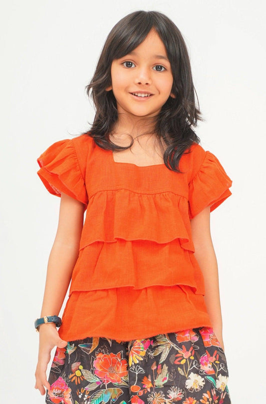 Girls pure cotton layered orange top - Peekaaboo Kids - Girls, Tops