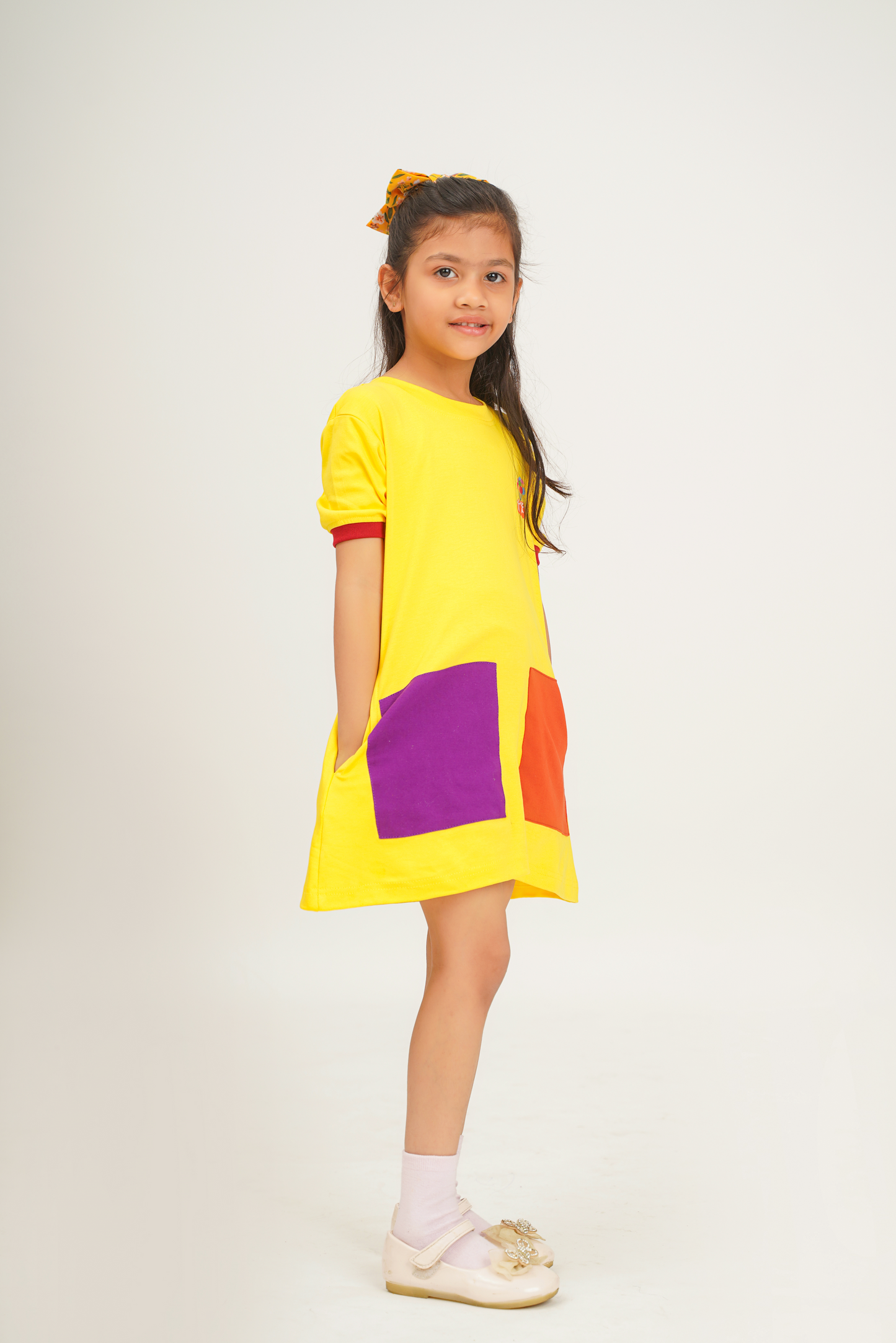 Girls 100% Cotton Knit Dress with color block patch - Yellow - Peekaaboo Kids - Below 1000, Dress, Girls