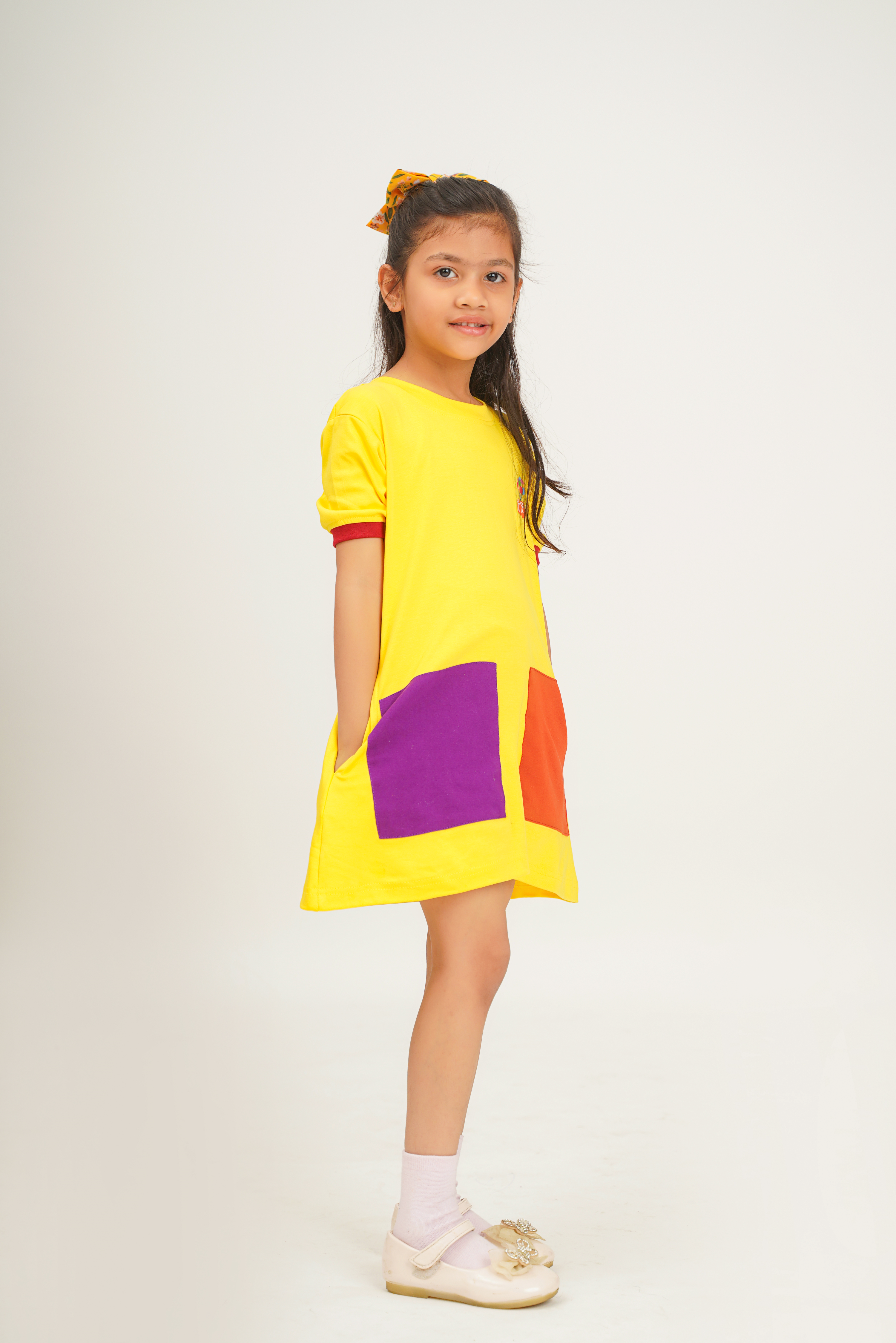 Girls 100% Cotton Knit Dress with color block patch - Yellow - Peekaaboo Kids - Below 1000, Dress, Girls