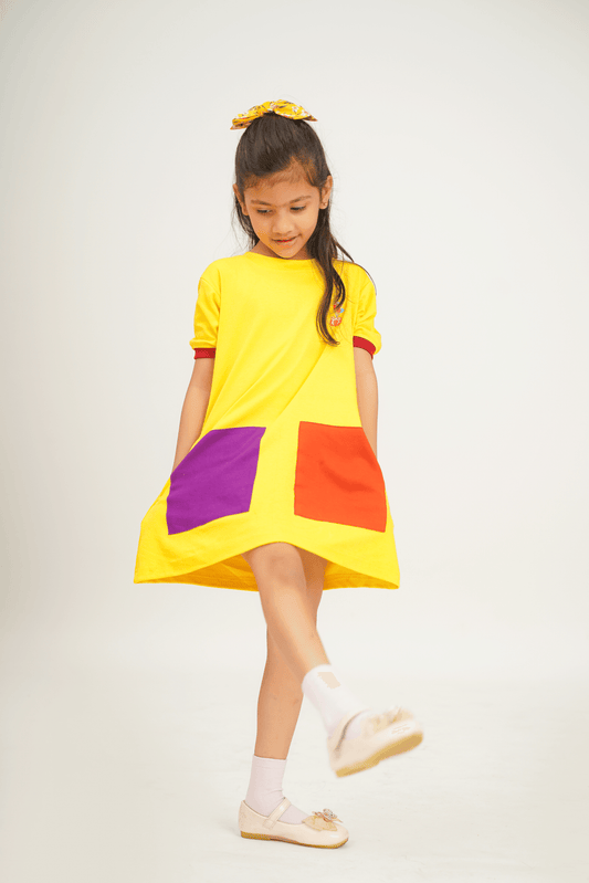 Girls 100% Cotton Knit Dress with color block patch - Yellow - Peekaaboo Kids - Below 1000, Dress, Girls