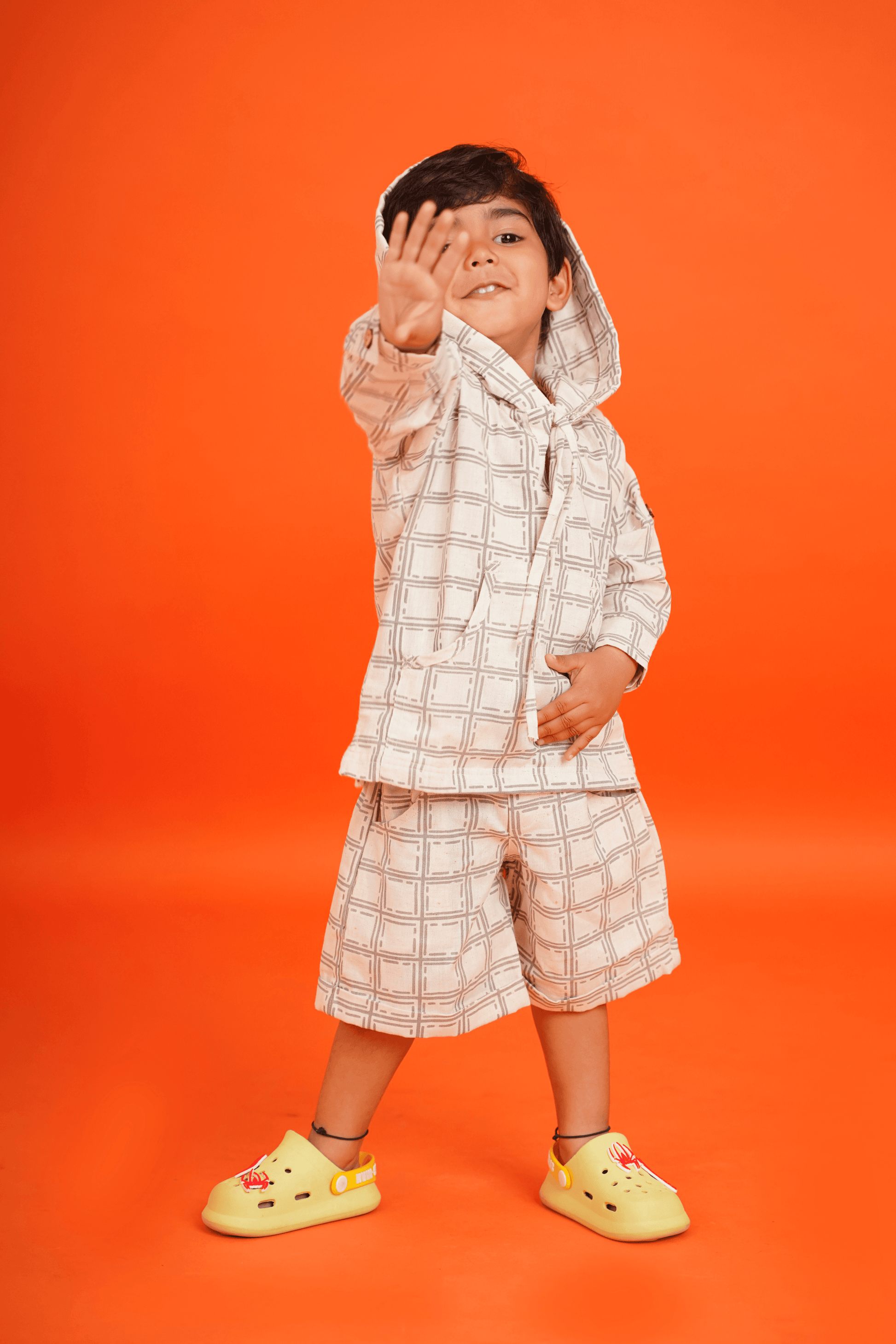 Boys Pure Cotton hoodie with shorts set - Off-white checks - Peekaaboo Kids - Above 1000, Boys, Coord Set