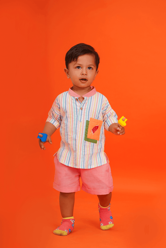 Boys Seersucker 100% Cotton Multicolor shirt with pink shorts clothing set - Peekaaboo Kids - Below 1000, Boys, Clothing Set, Featured