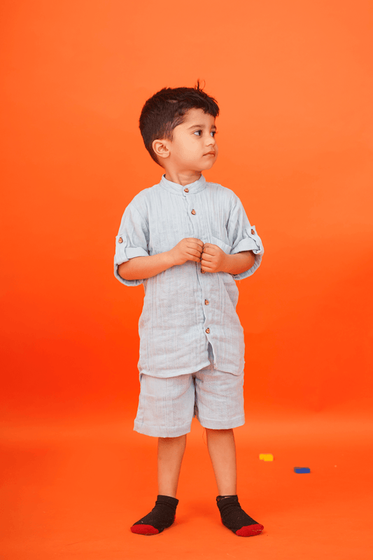 Boys 100% muslin solid Set with asymmetrical crinkles - Sky Blue - Peekaaboo Kids - Above 1000, Boys, Coord Set, Featured