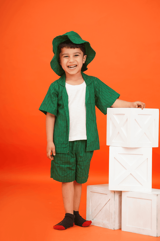 Boys Textured Cotton Green Resort Wear Set With Free beach hat - Peekaaboo Kids - Above 1000, Boys, Coord Set, Featured, Resort Wear