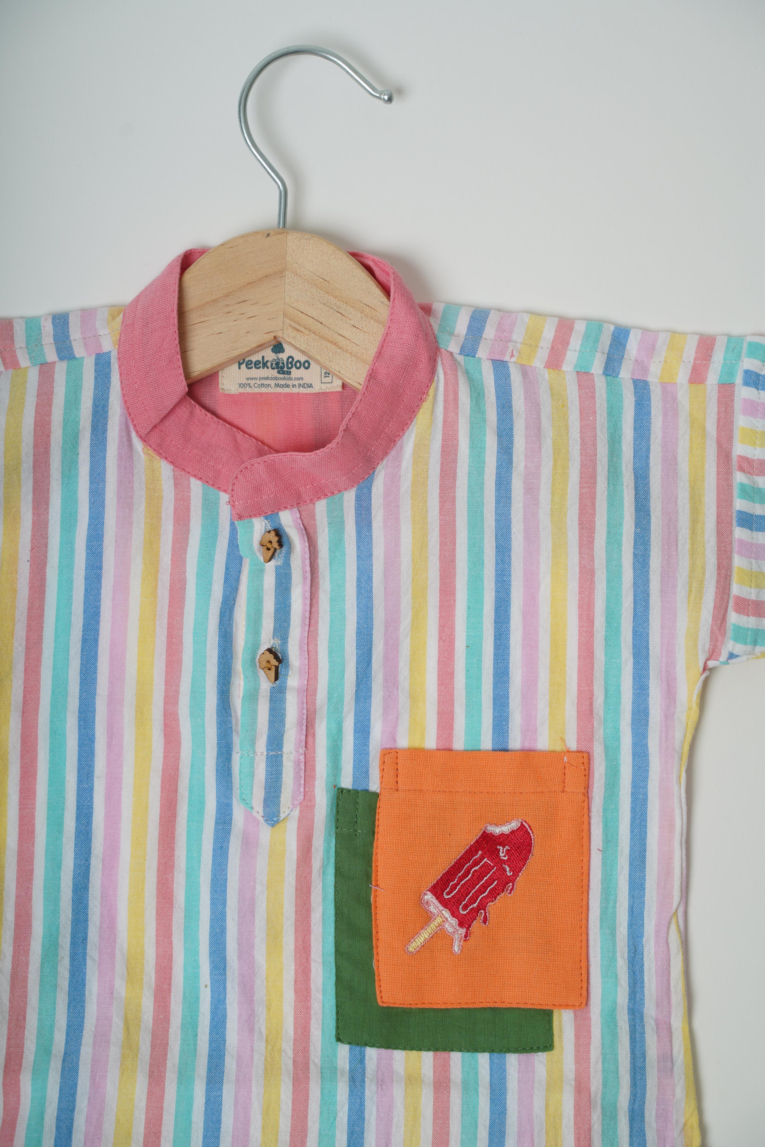 Boys Seersucker 100% Cotton Half-sleeve Multicolor shirt - Peekaaboo Kids - Below 1000, Boys, Tops