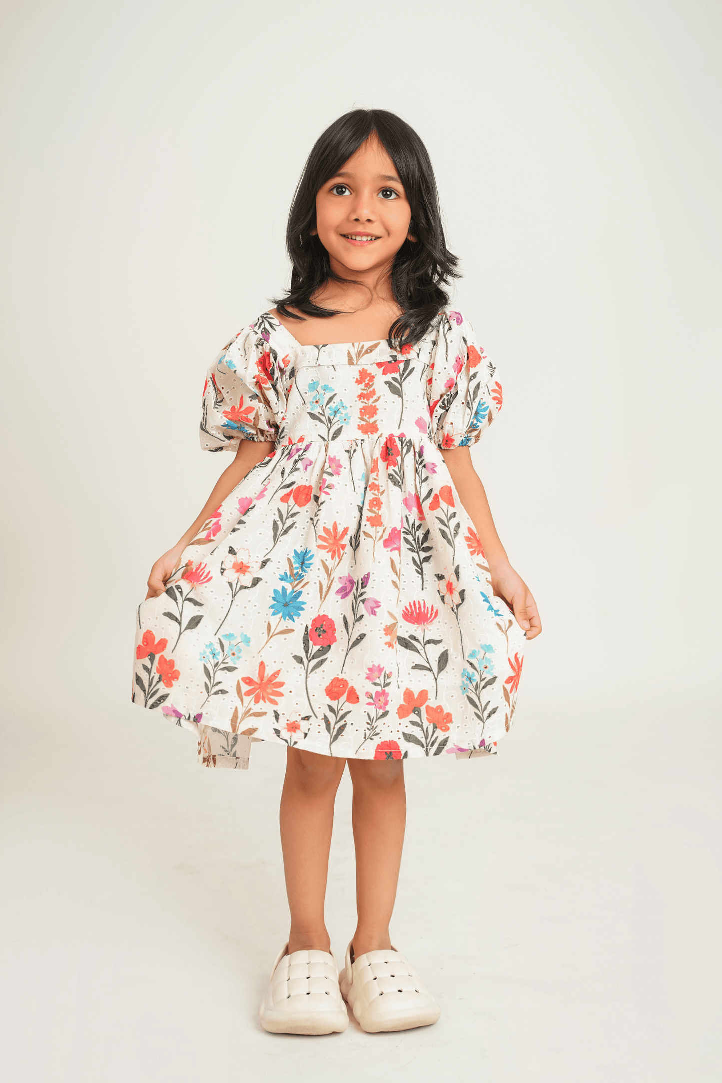 Girls Pure Cotton Schiffli Printed White Dress with free scrunchie - Peekaaboo Kids - Above 1000, Dress, Featured, Girls