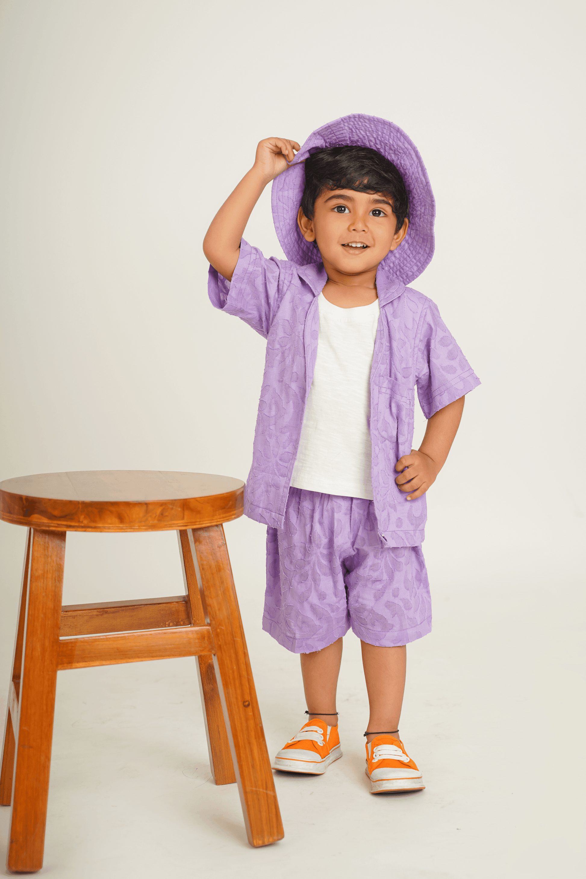 Boys Textured Cotton Lavender Resort Wear Set With Free Beach Hat - Peekaaboo Kids - Above 1000, Boys, Coord Set, Jacquard, Resort Wear