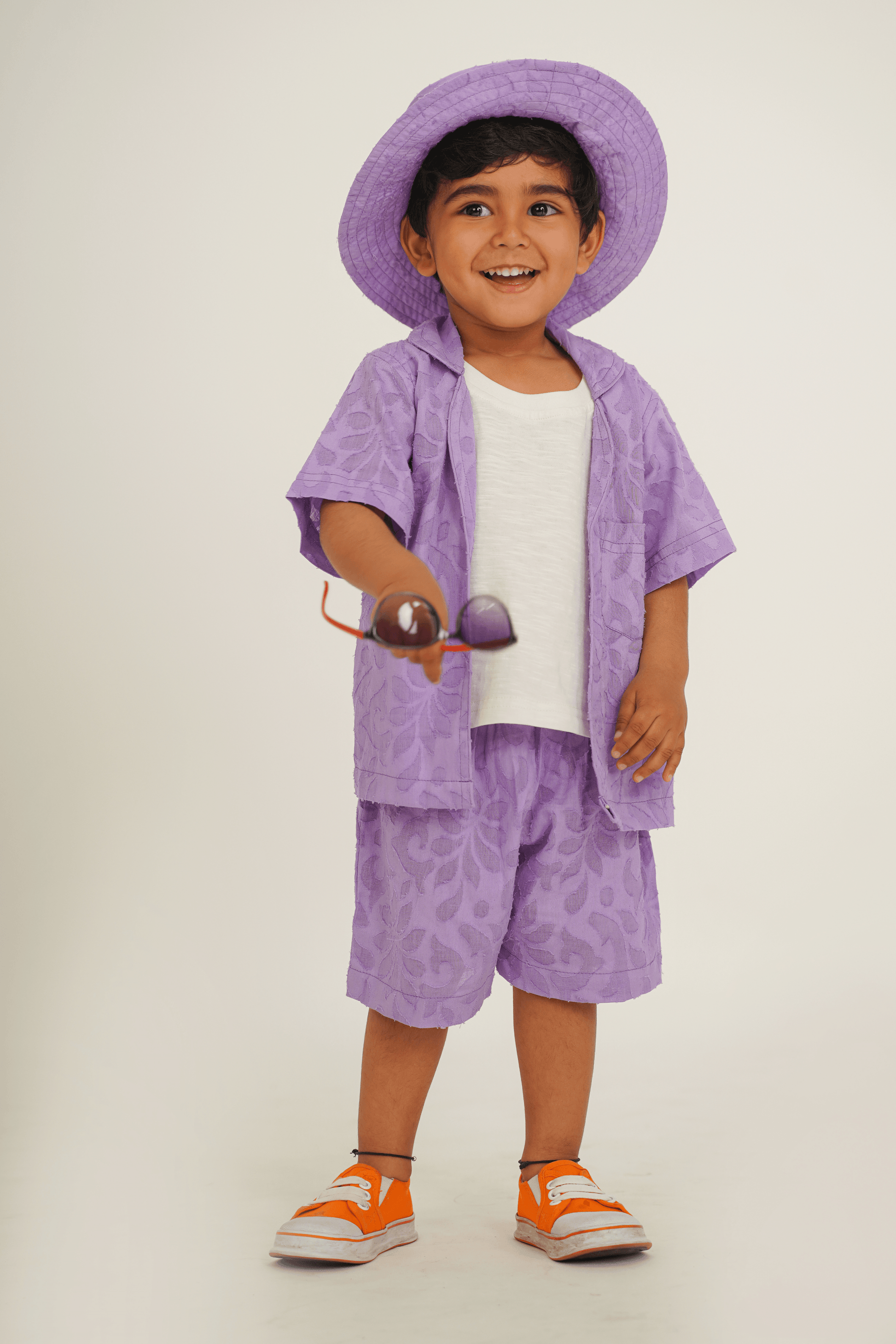 Boys Textured Cotton Lavender Resort Wear Set With Free Beach Hat - Peekaaboo Kids - Above 1000, Boys, Coord Set, Jacquard, Resort Wear