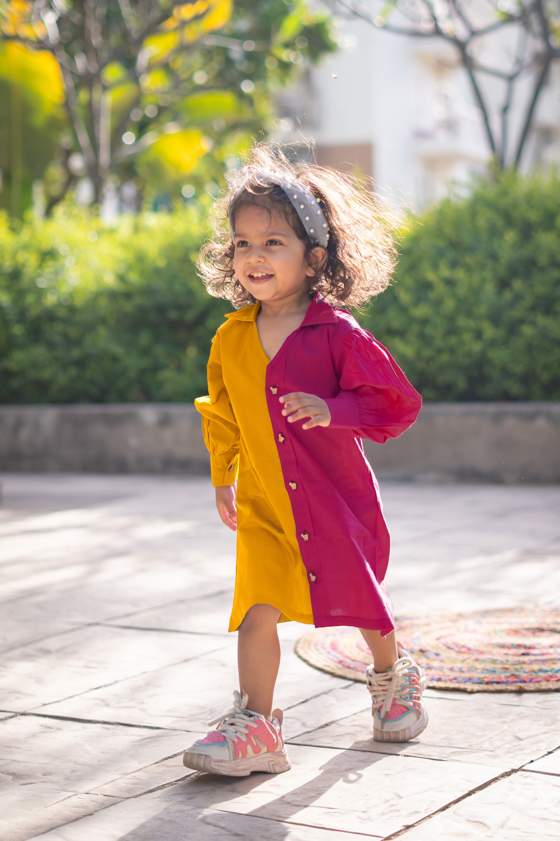 Girls Pure Cotton Color Block Dress with Collar - Mustard Magenta - Peekaaboo Kids - Below 1000, Dress, Featured, Girls