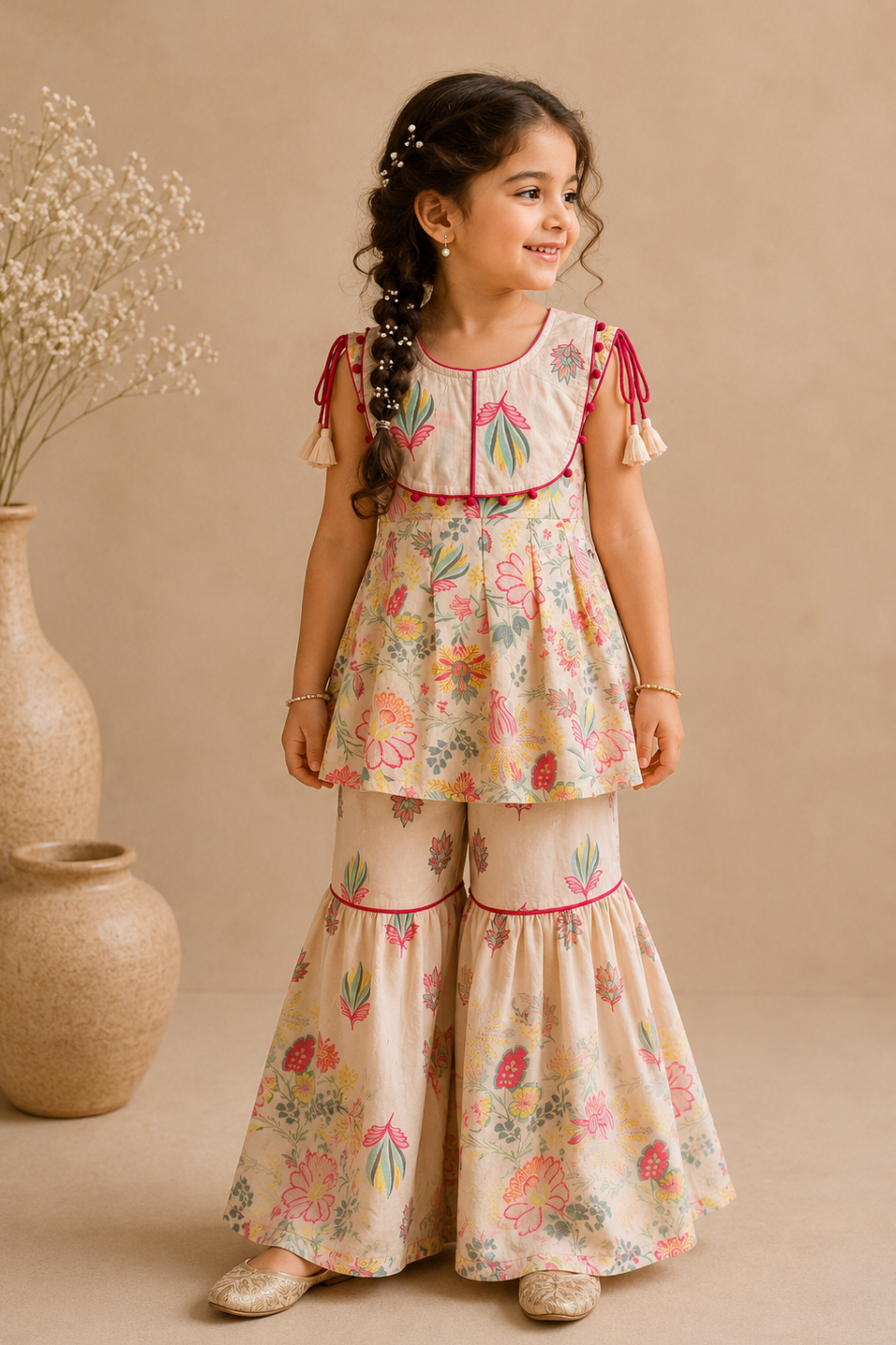 Girls Kohinoor Pure Cotton Peplum top with Sharara set - Off White