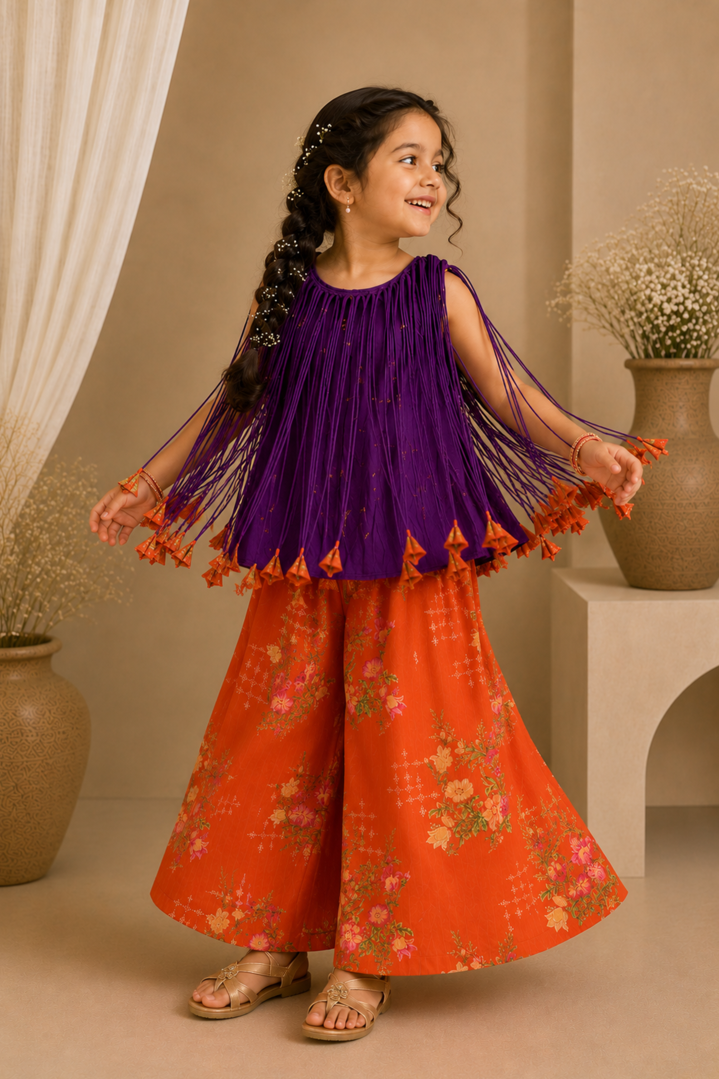 Girls Basanti Pure Cotton Lurex top with multi dori & tassels & Palazzo pants - Purple Orange