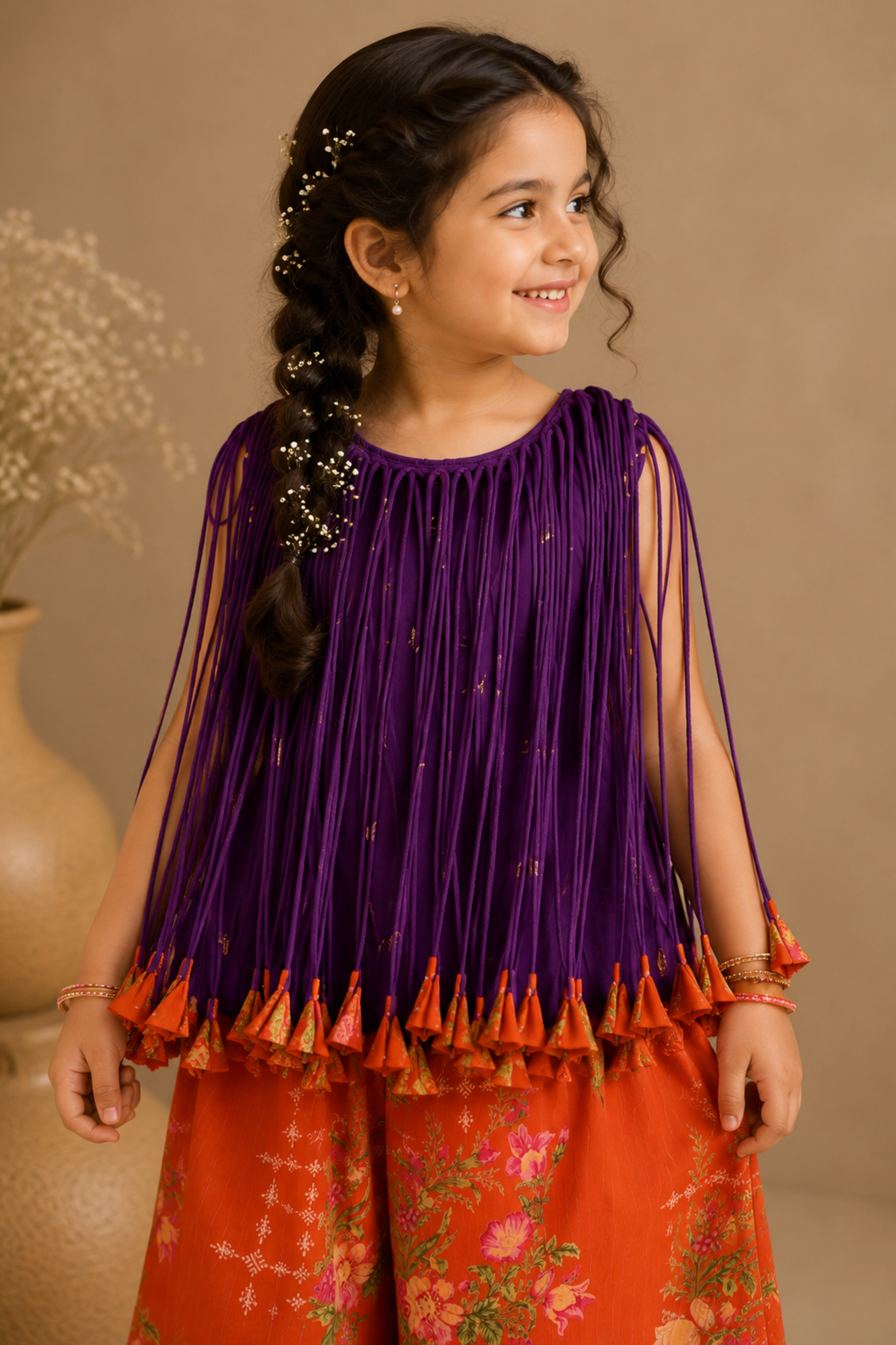 Girls Basanti Pure Cotton Lurex top with multi dori & tassels & Palazzo pants - Purple Orange