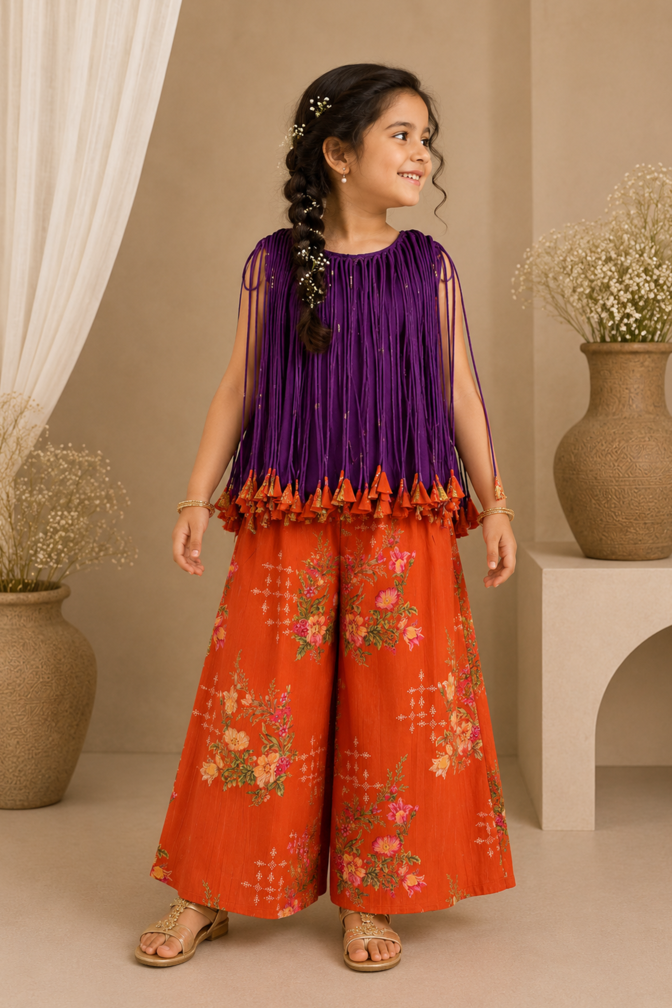 Girls Basanti Pure Cotton Lurex top with multi dori & tassels & Palazzo pants - Purple Orange