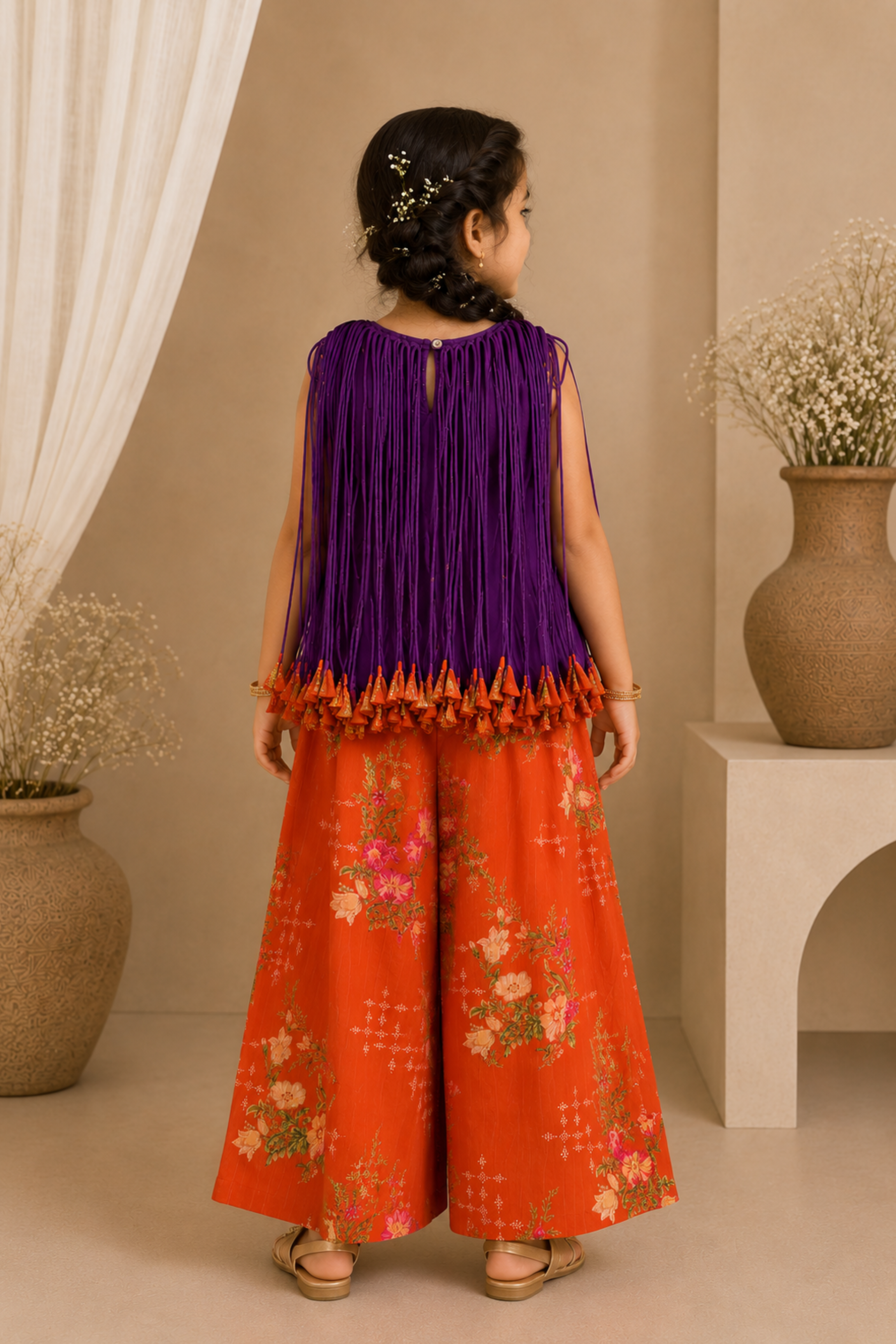 Girls Basanti Pure Cotton Lurex top with multi dori & tassels & Palazzo pants - Purple Orange