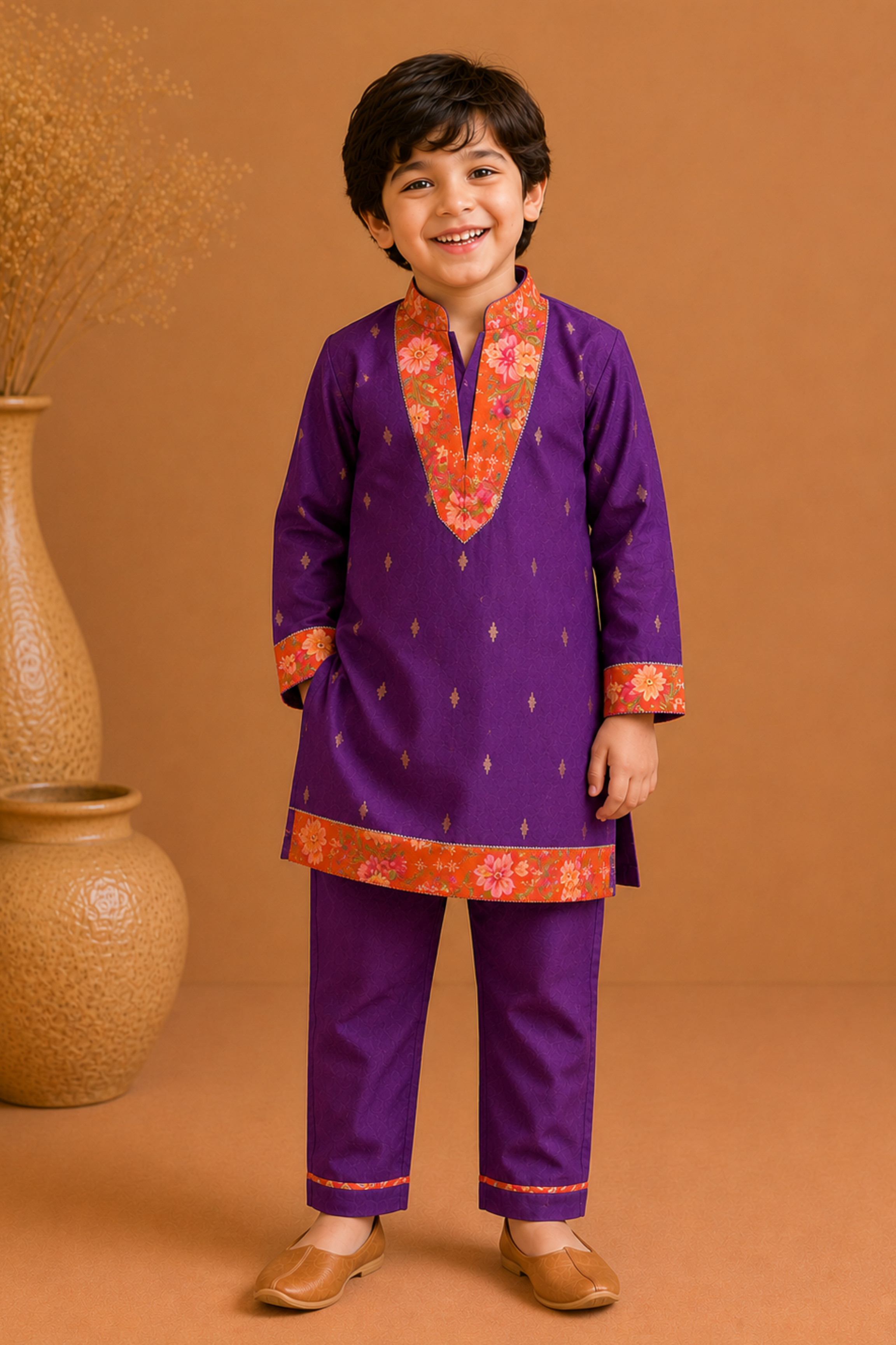 Boys Basant Pure Cotton Ethnic Kurta Set - Purple