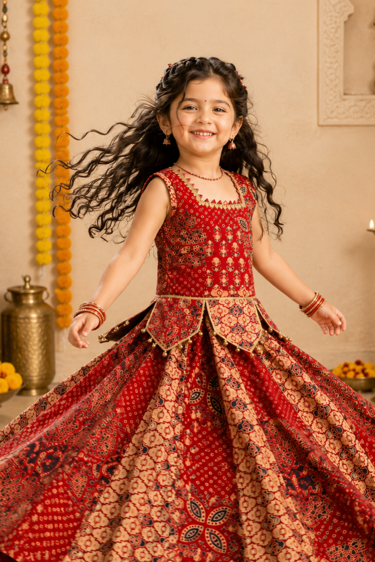 Girls Ajrakh Pure Cotton Printed lehenga ethnic set - Red