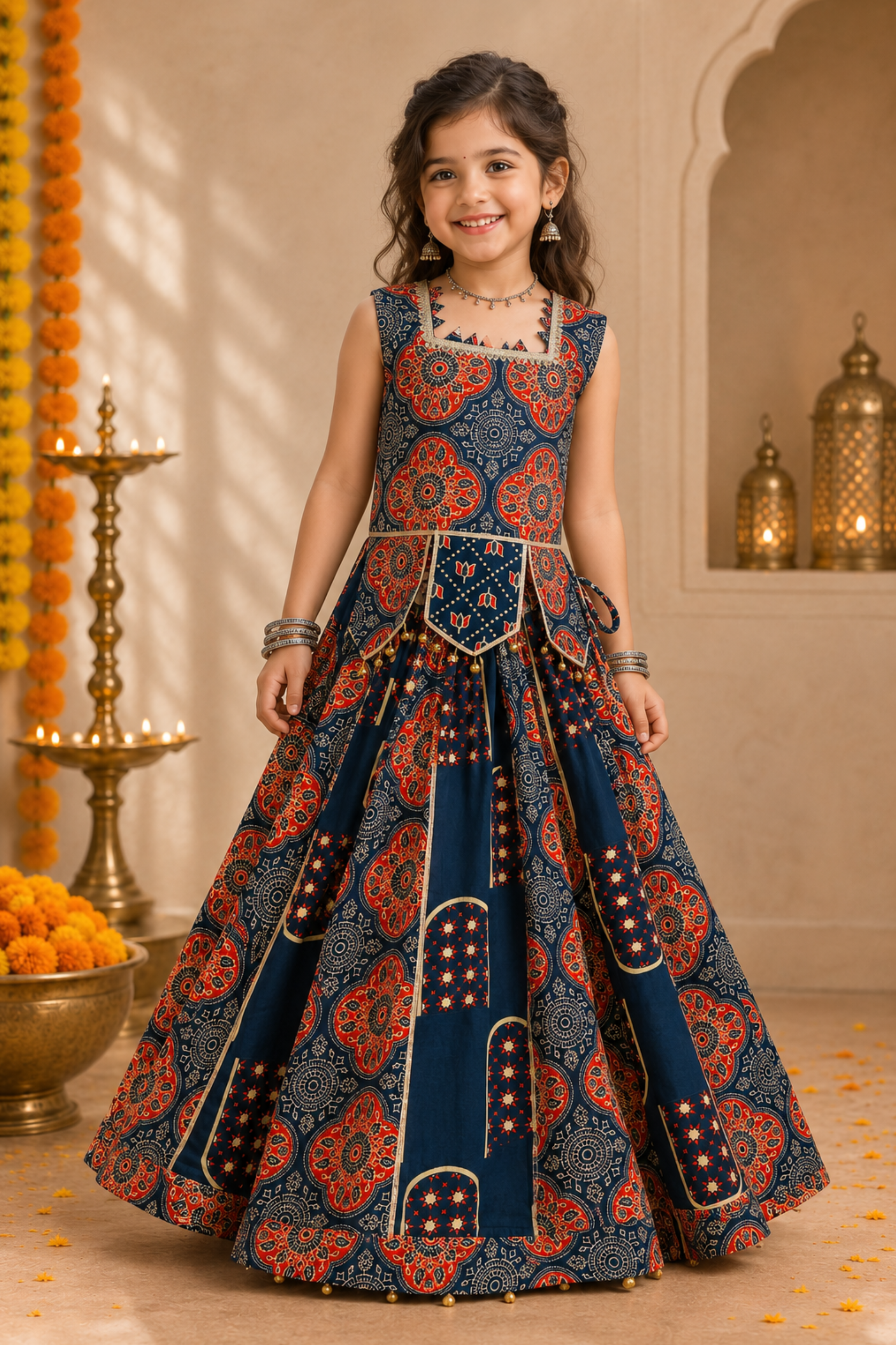 Girls Ajrakh Pure Cotton Printed lehenga ethnic set - Blue