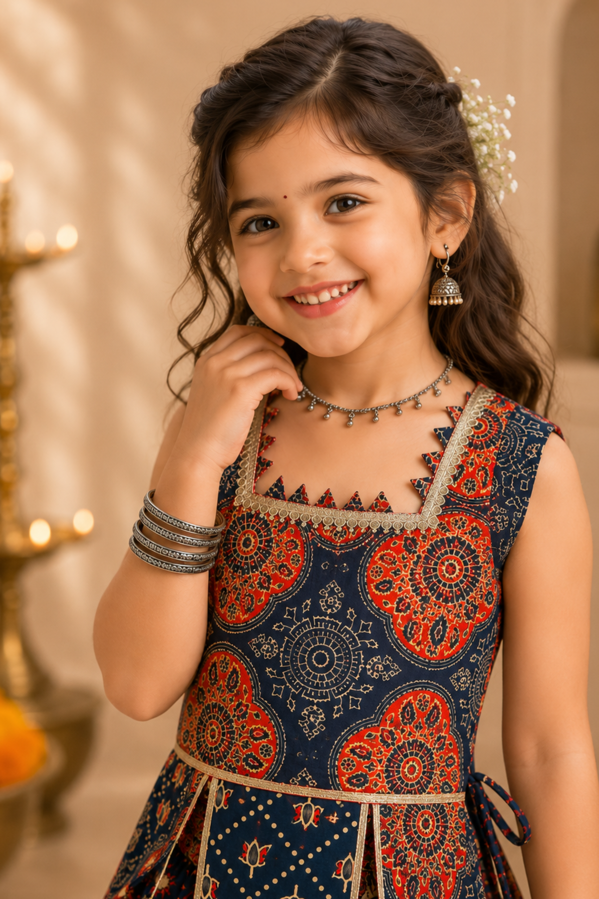 Girls Ajrakh Pure Cotton Printed lehenga ethnic set - Blue