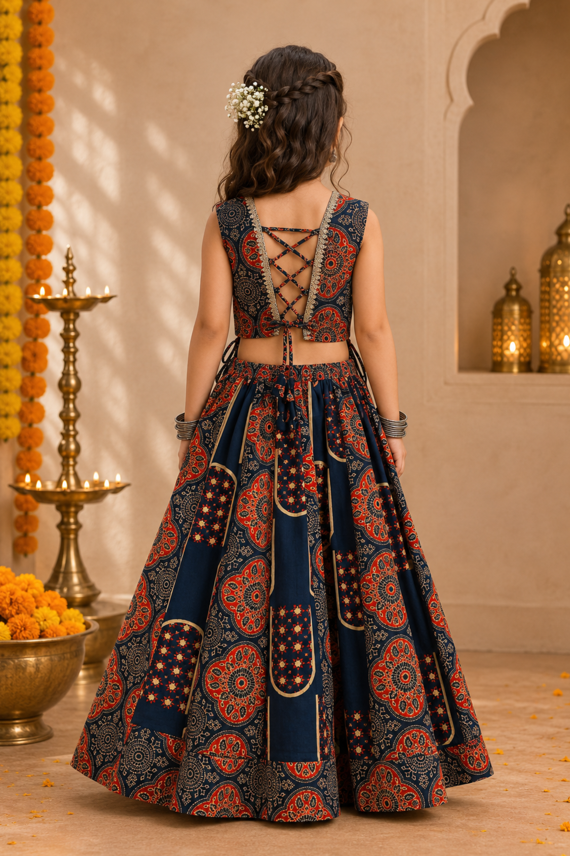 Girls Ajrakh Pure Cotton Printed lehenga ethnic set - Blue