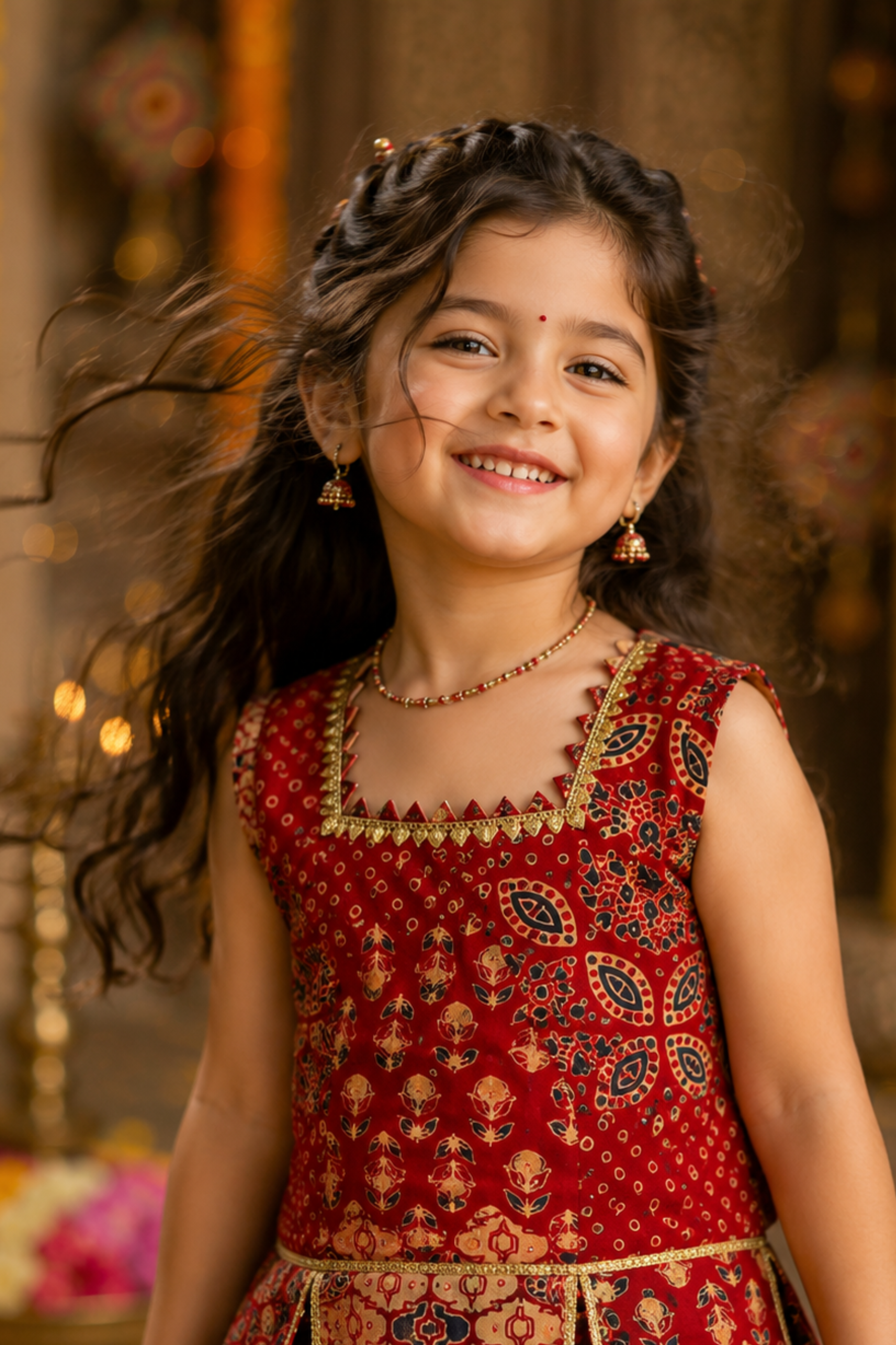 Girls Ajrakh Pure Cotton Printed lehenga ethnic set - Red