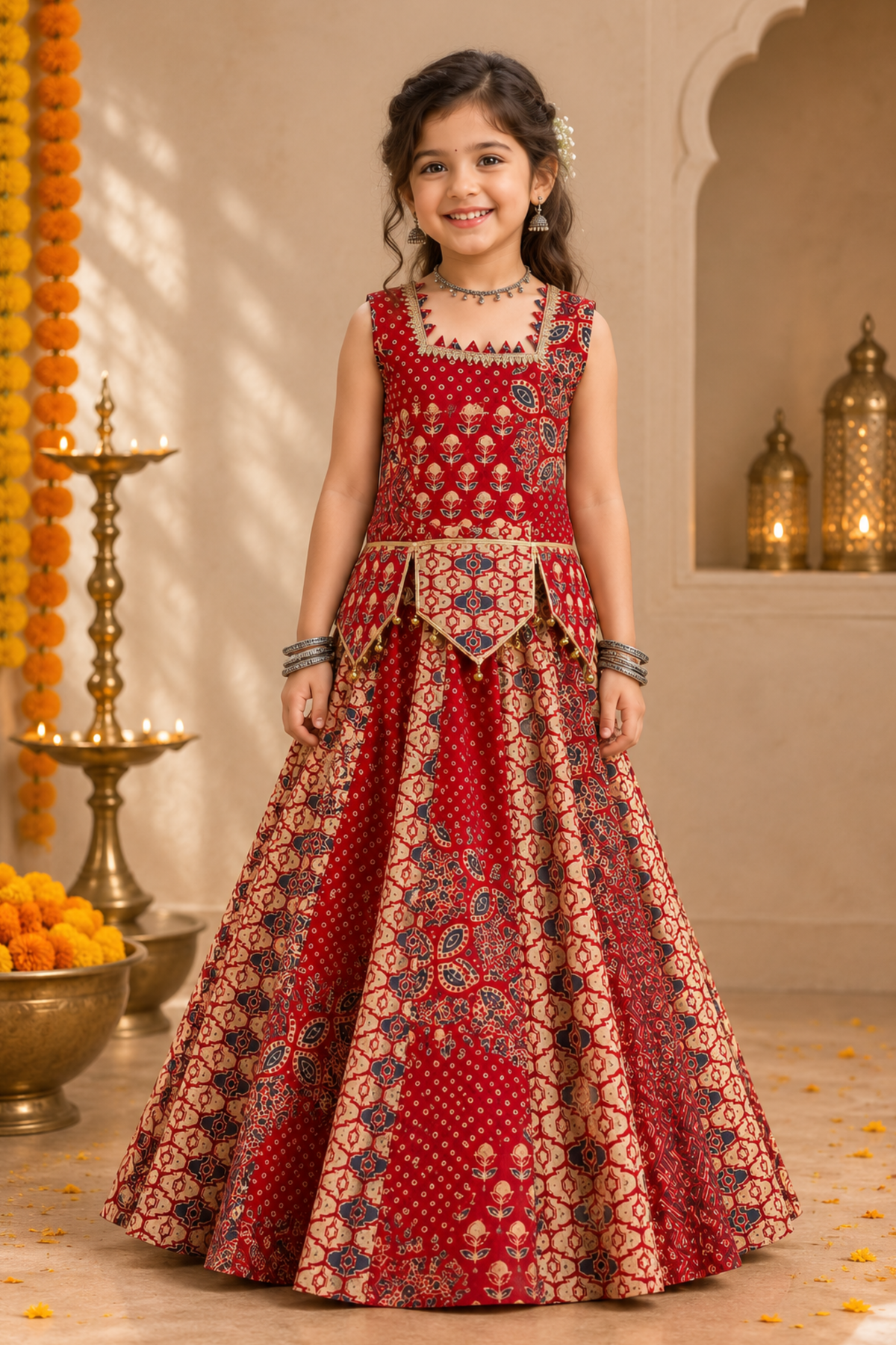 Girls Ajrakh Pure Cotton Printed lehenga ethnic set - Red